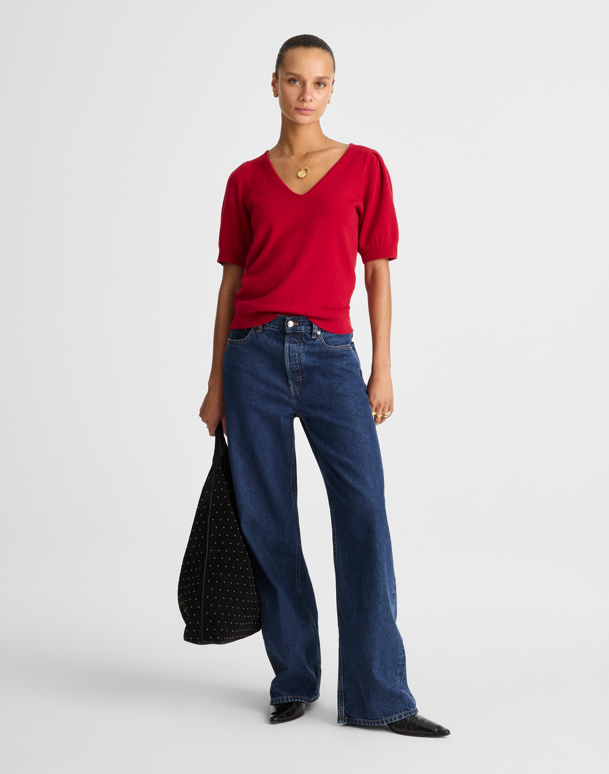 V-Neck Puff-Sleeve Sweater Tee Cashmere