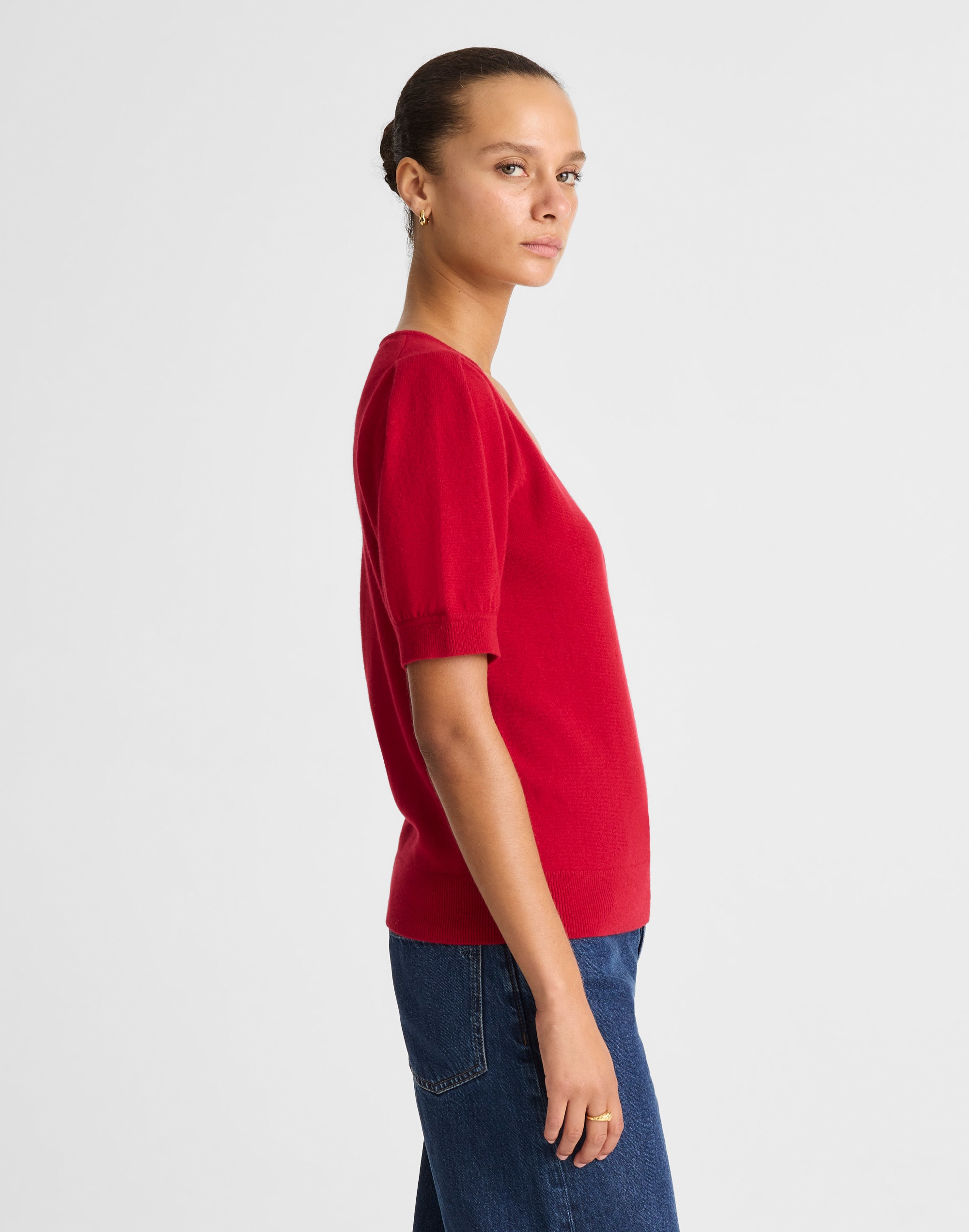 V-Neck Puff-Sleeve Sweater Tee Cashmere