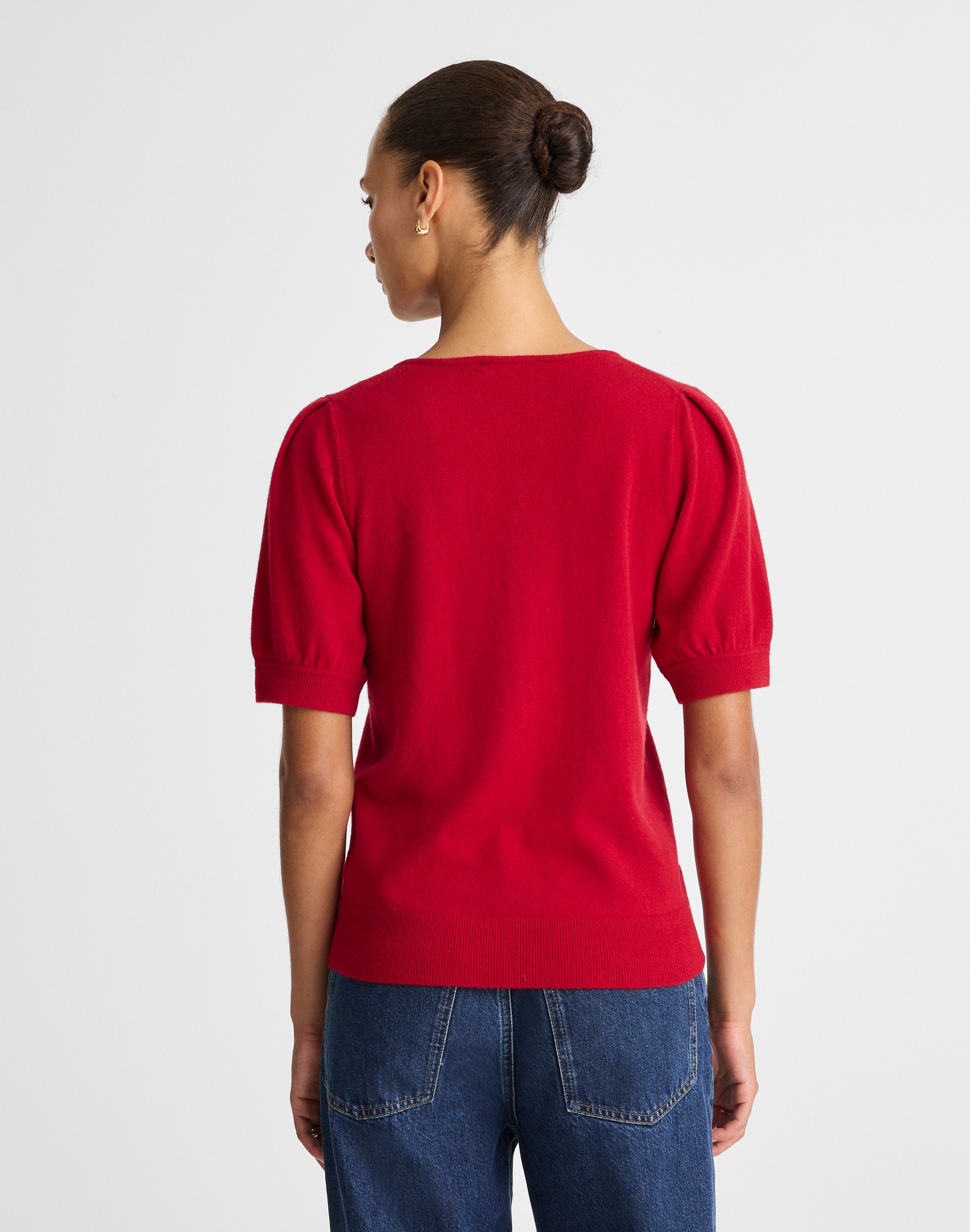 V-Neck Puff-Sleeve Sweater Tee Cashmere