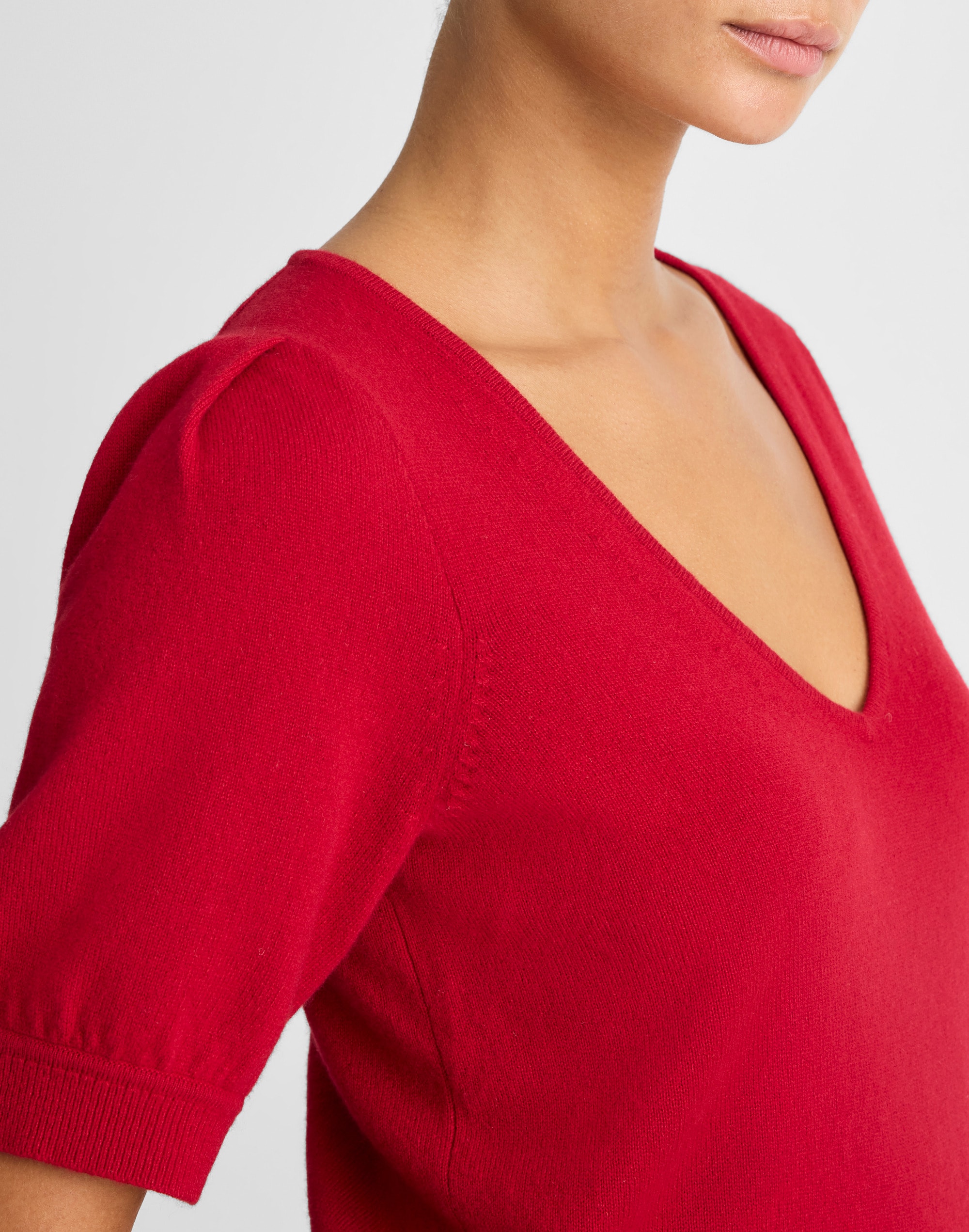 V-Neck Puff-Sleeve Sweater Tee Cashmere
