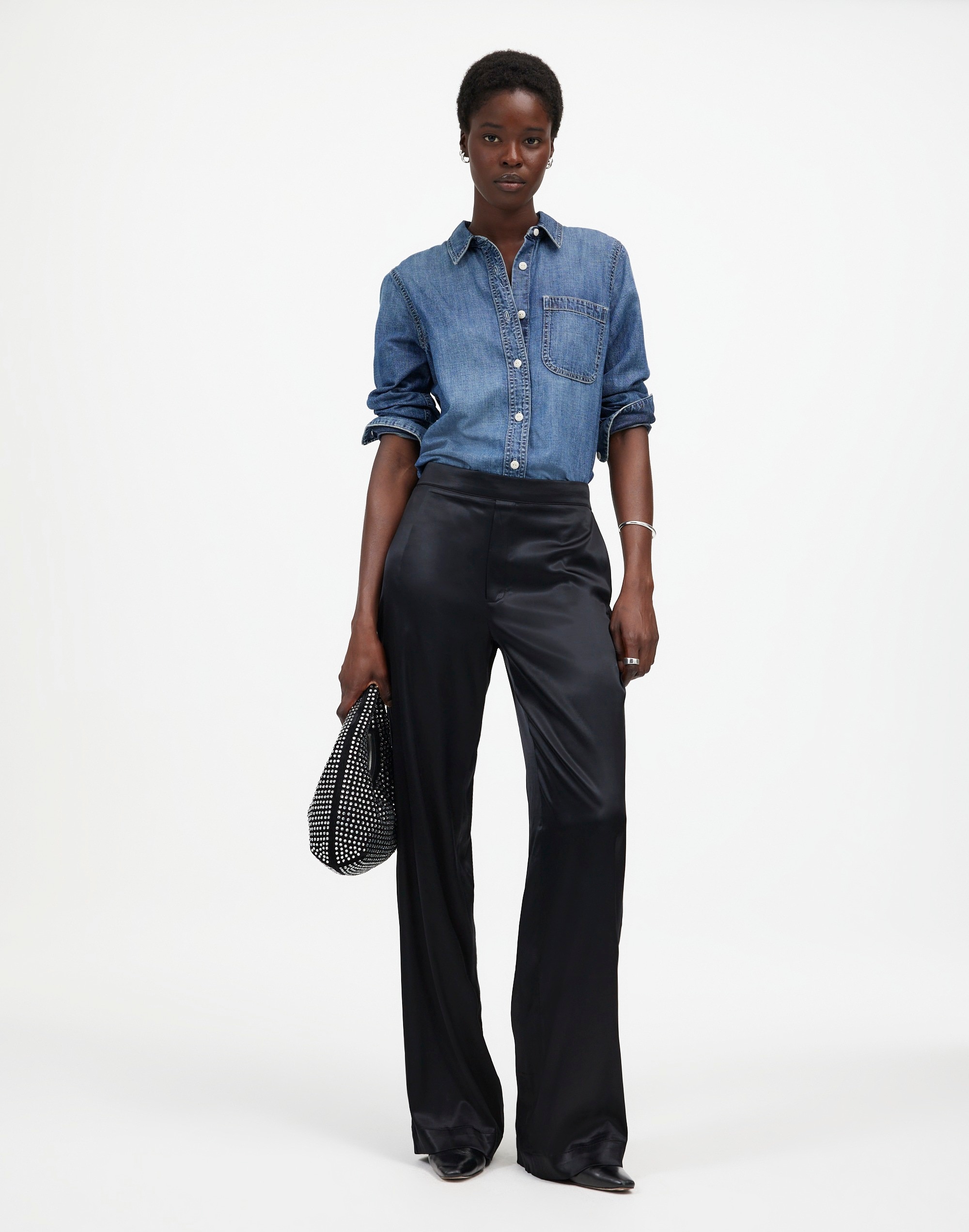 pull-on straight pants in stretch satin