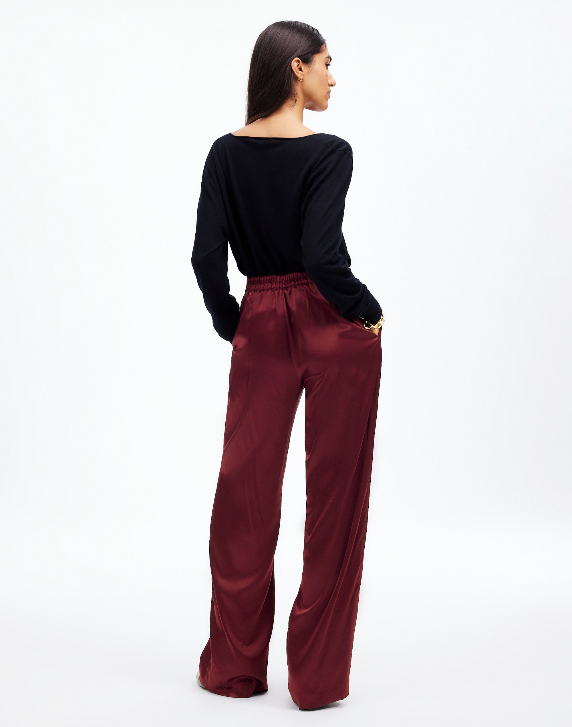 Pull-On Straight Pants in Stretch Satin