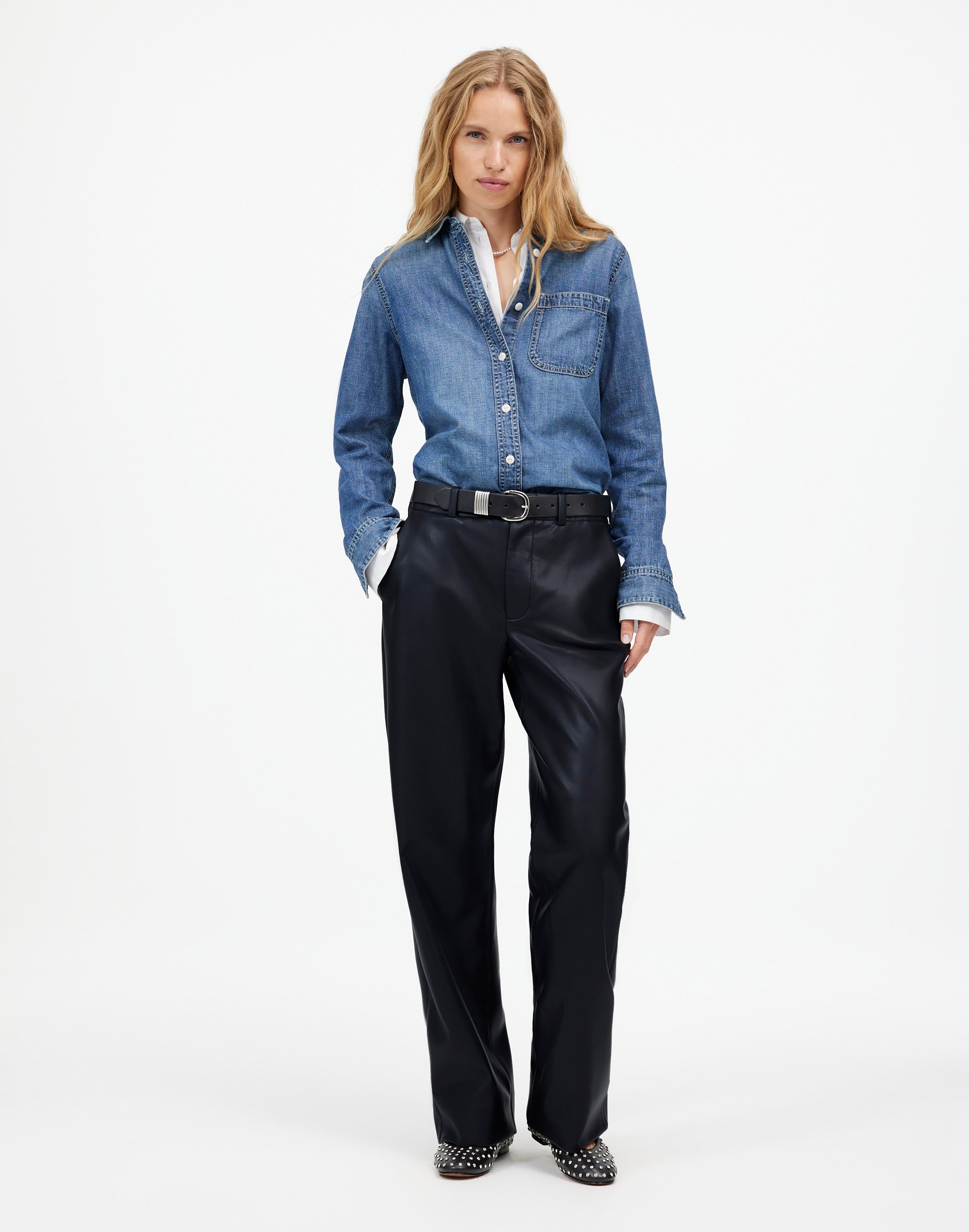low-slung baggy pants in faux leather