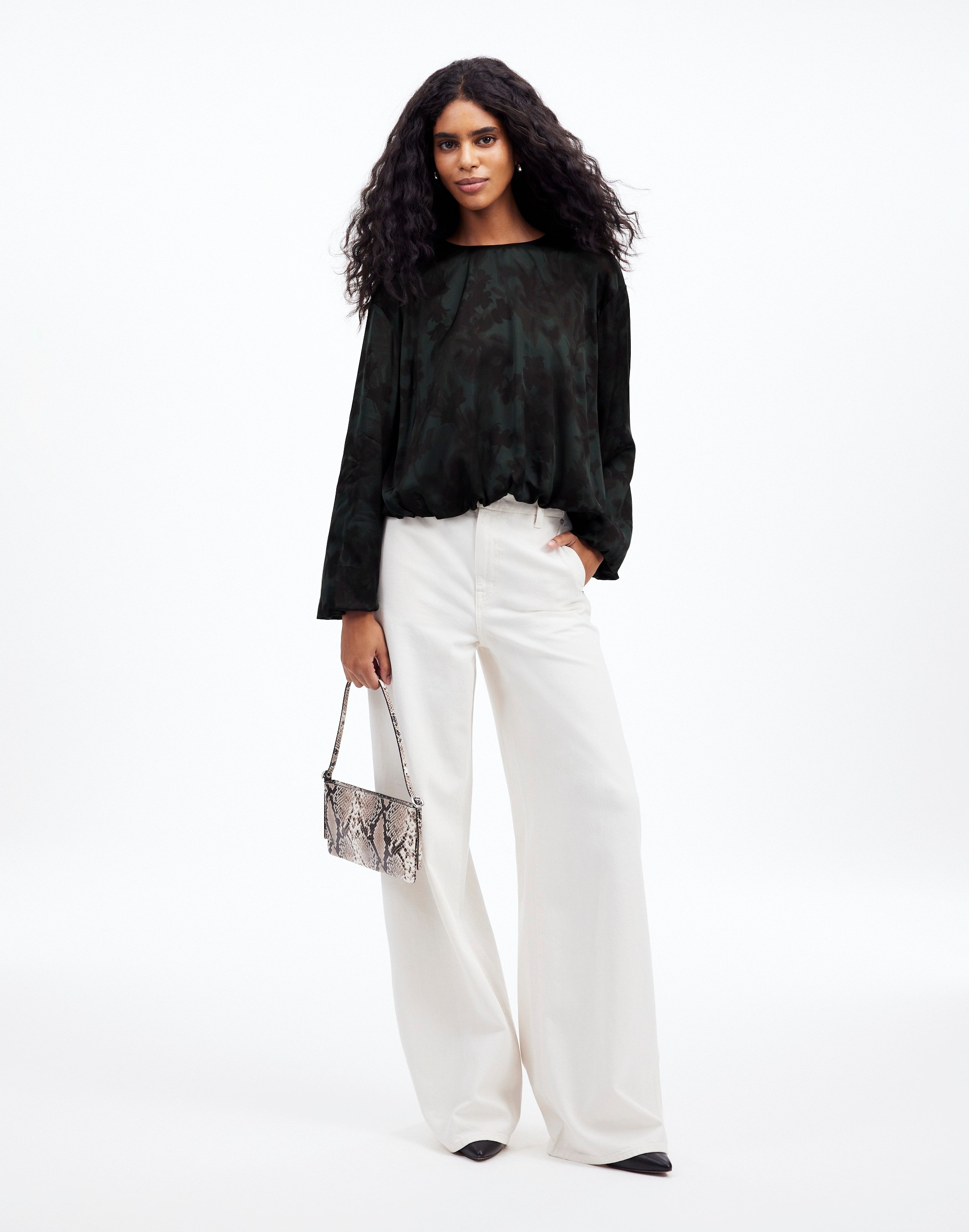 Long-Sleeve Bubble-Hem Top in Satin