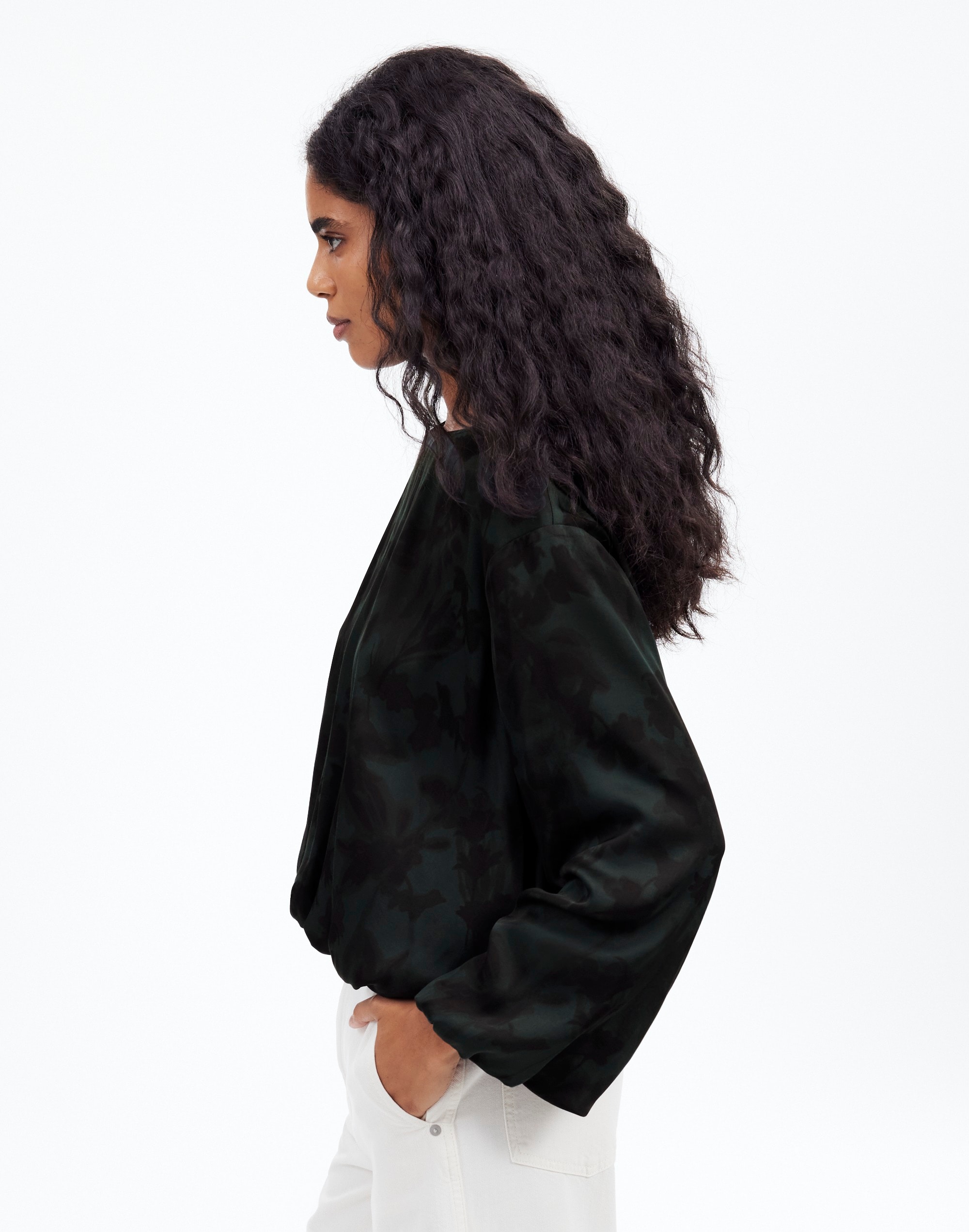 Long-Sleeve Bubble-Hem Top in Satin