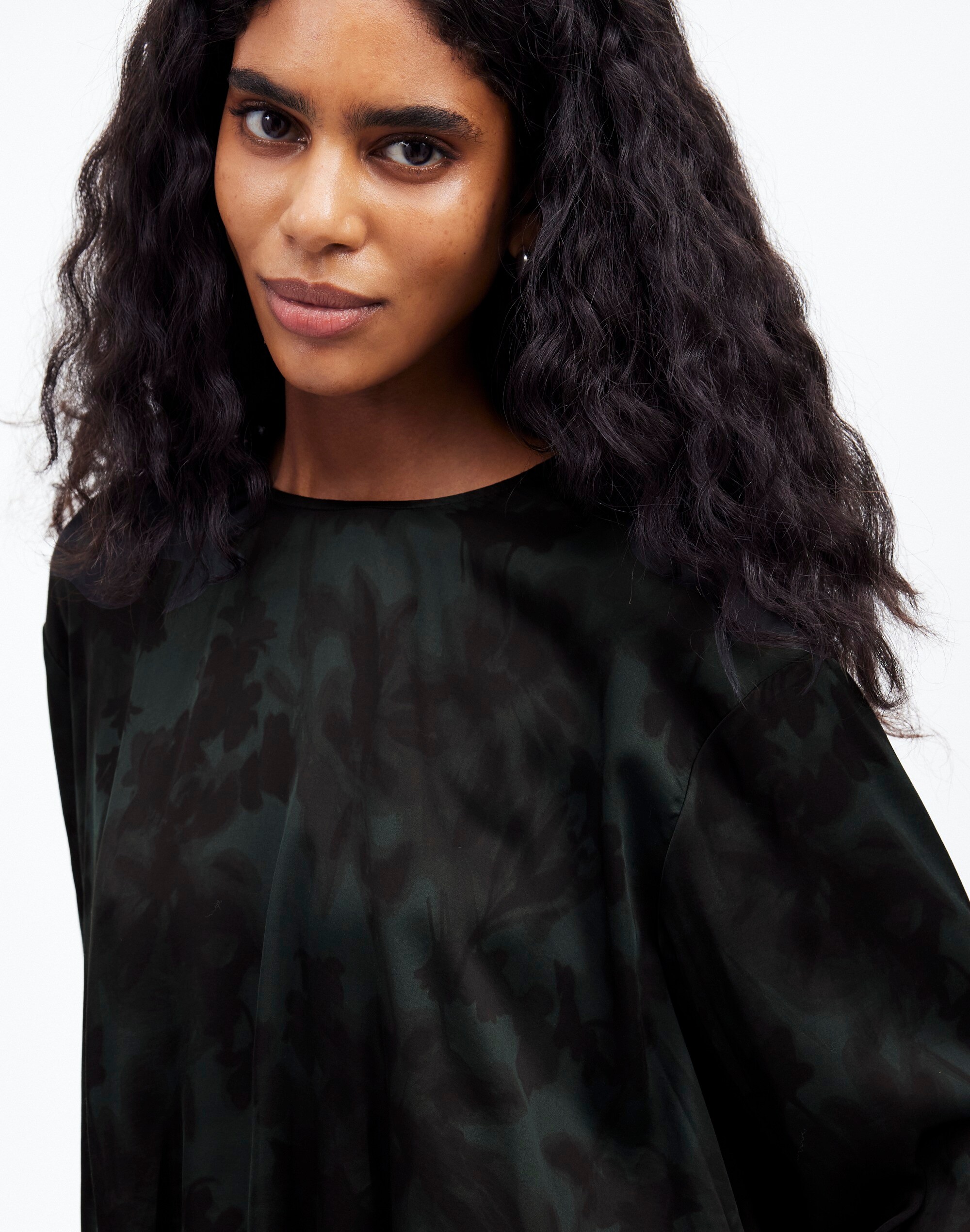 Long-Sleeve Bubble-Hem Top in Satin