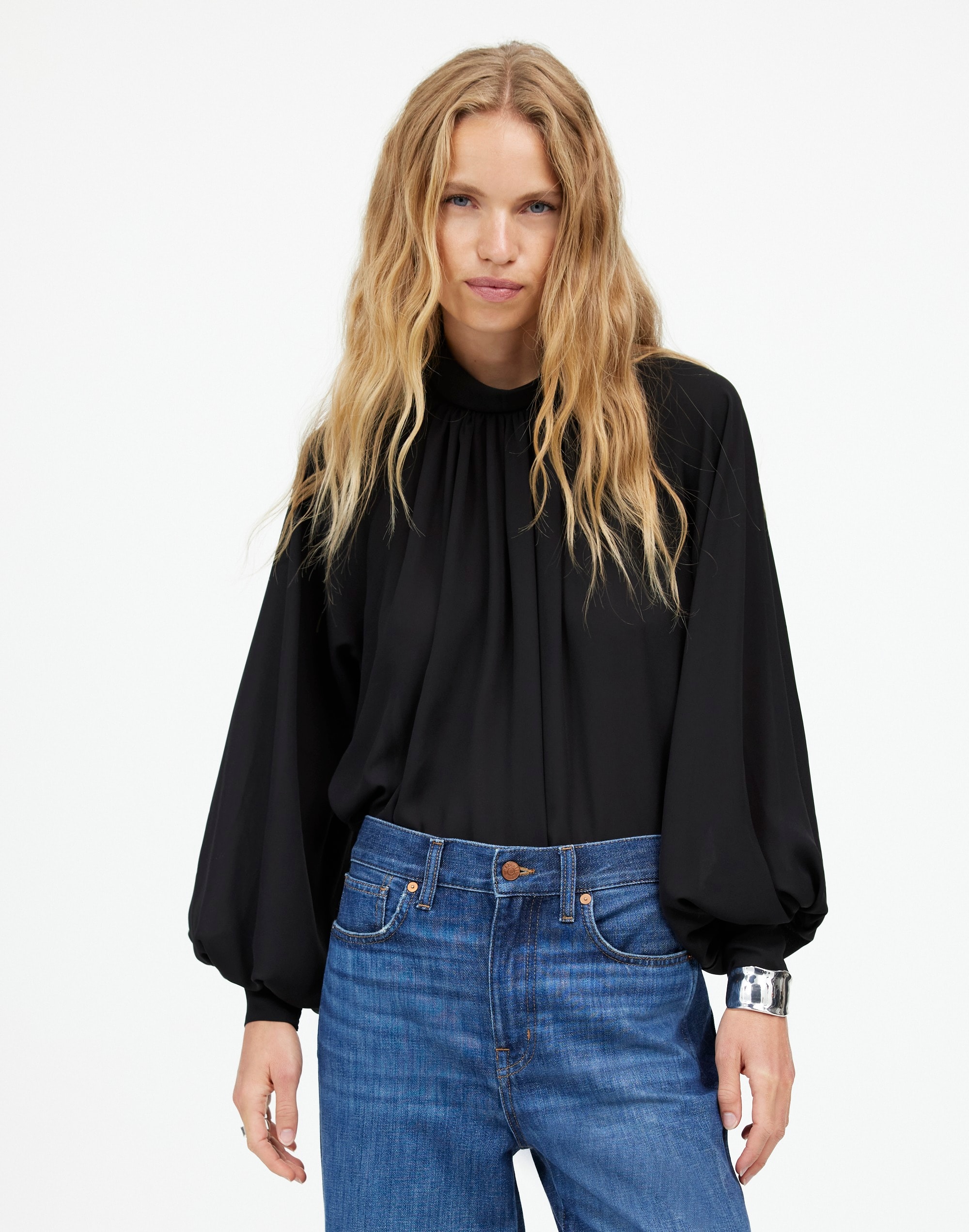 turtleneck long-sleeve top in chiffon