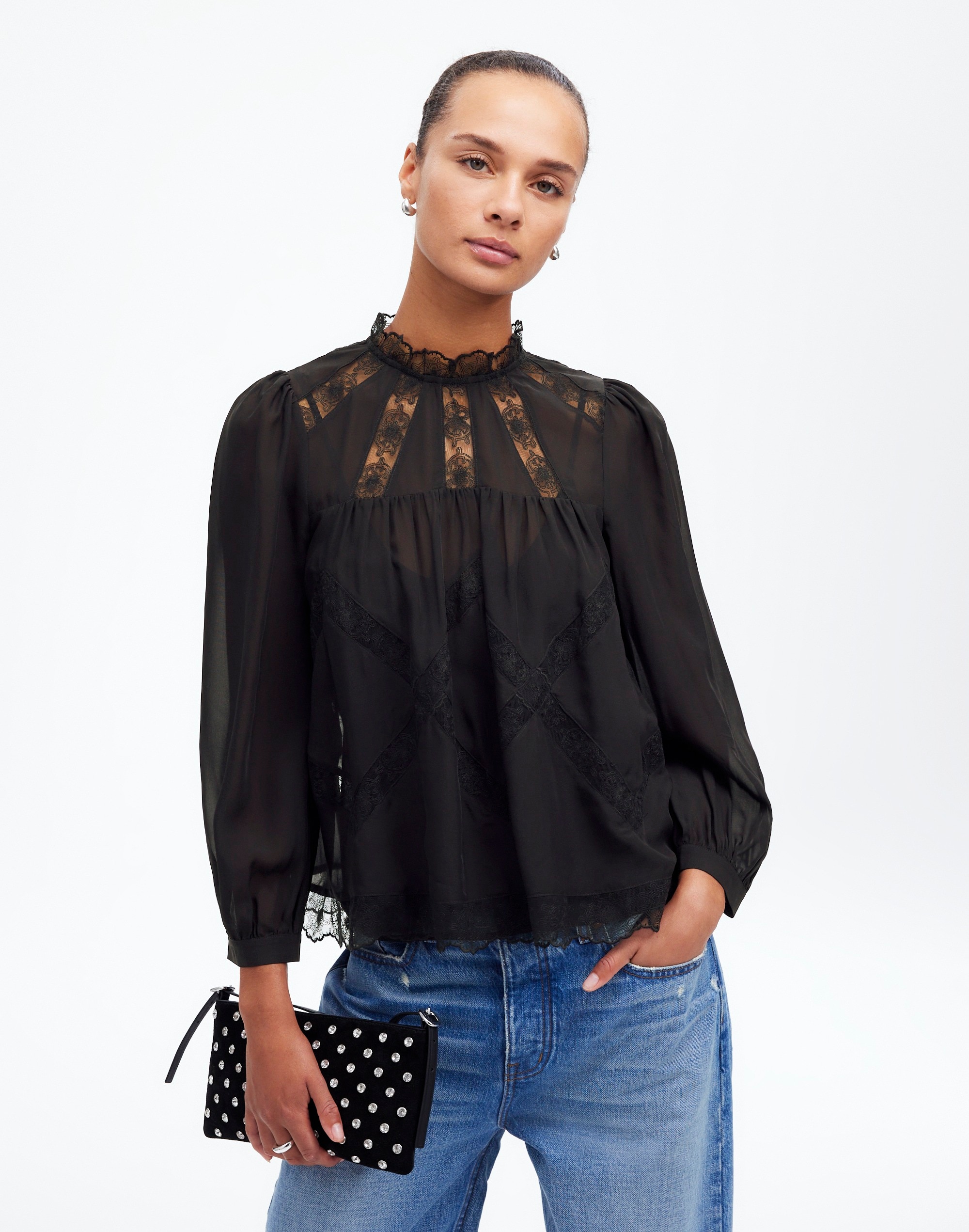 lace-inset top in silk
