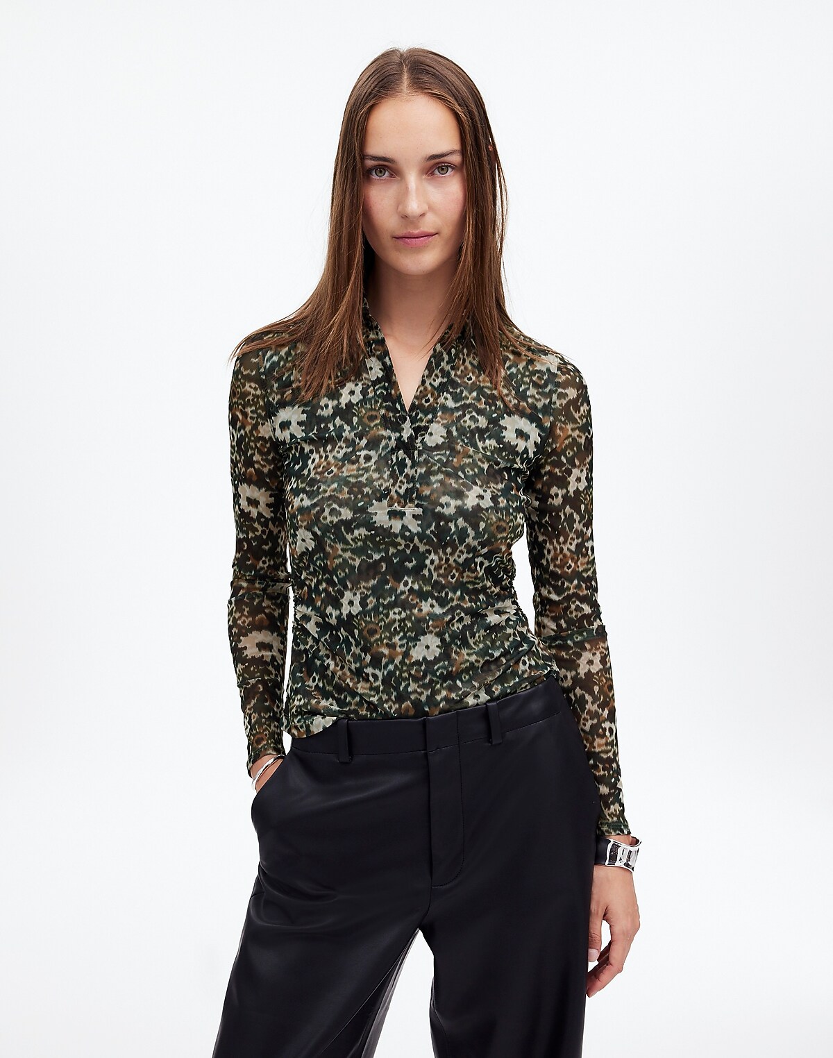 Long-Sleeve Polo Top in Floral Mesh