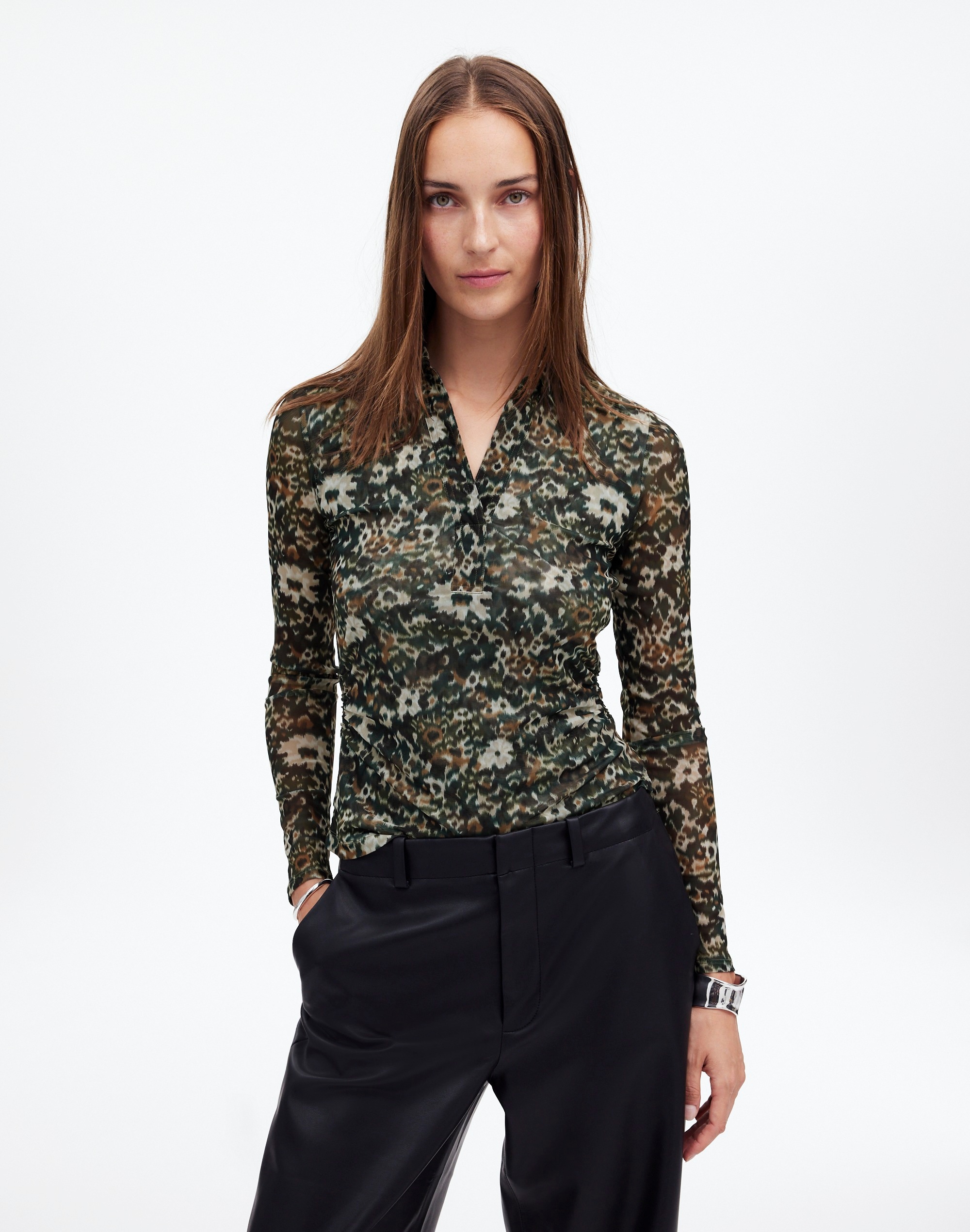 long-sleeve polo top in floral mesh