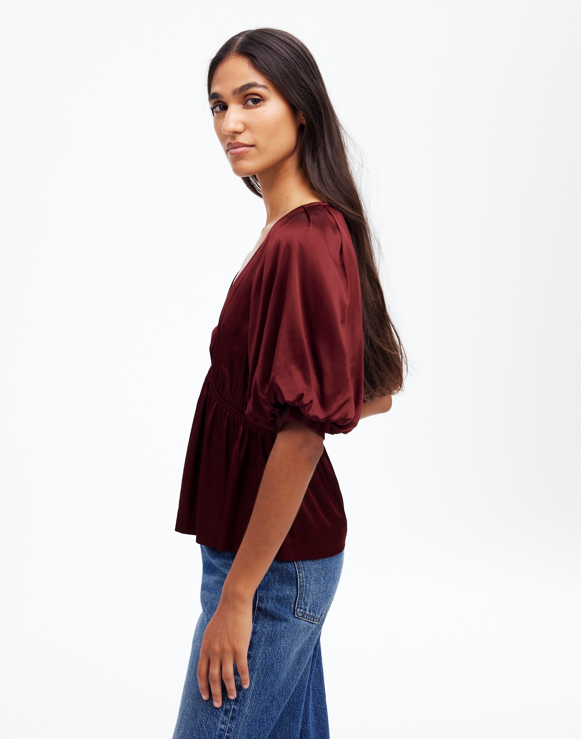 Shirred Puff-Sleeve Top in Satin