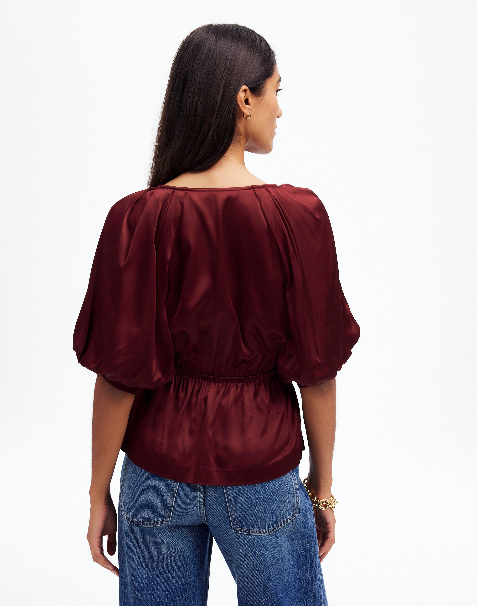 Shirred Puff-Sleeve Top in Satin