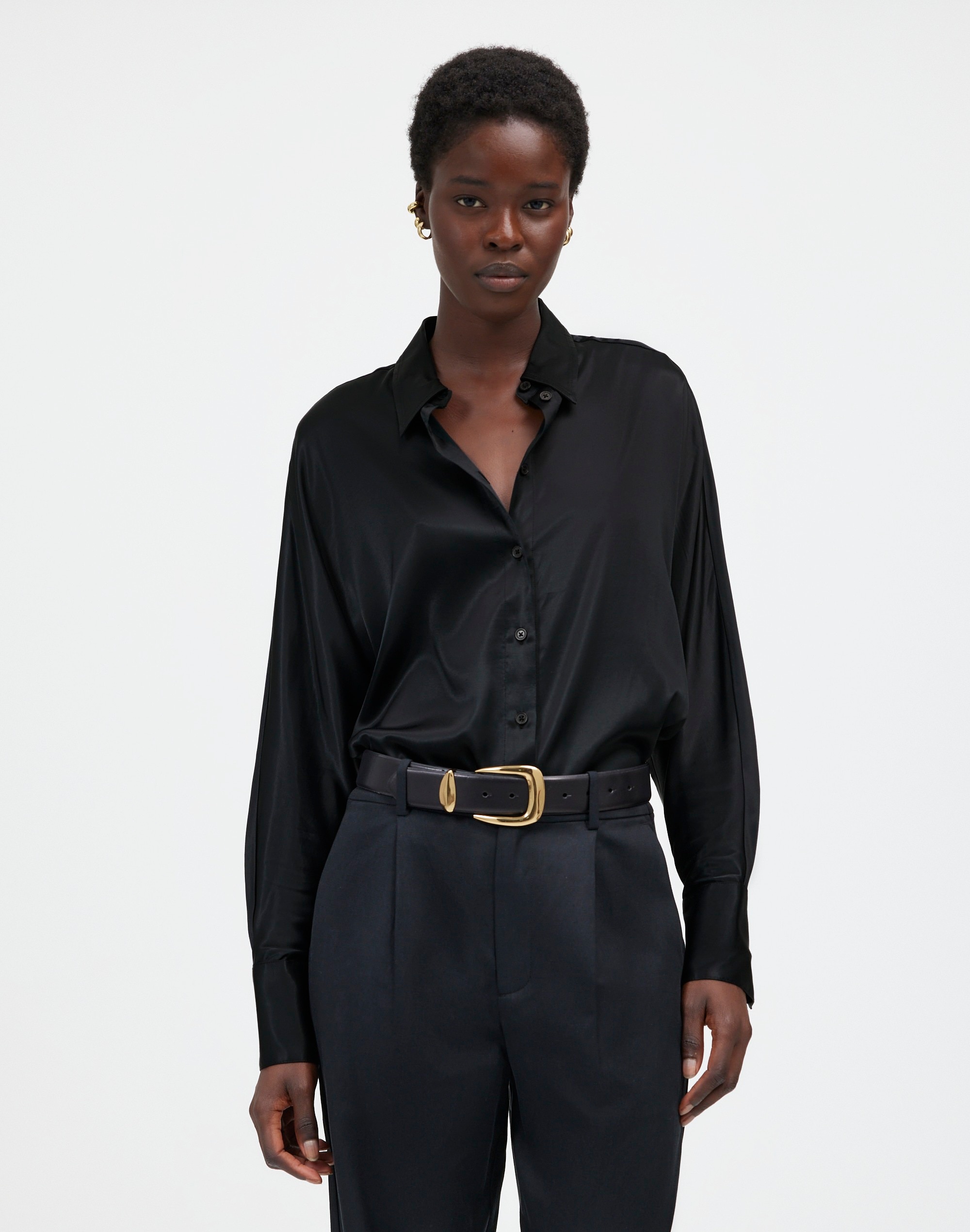Relaxed Dolman Button-Up Shirt in Satin