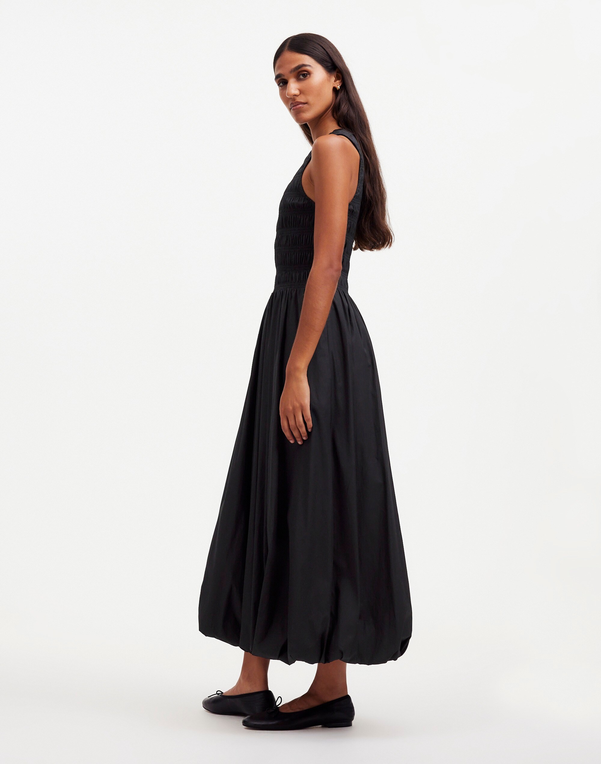 The Melody Bubble-Hem Smocked Midi Dress in Poplin