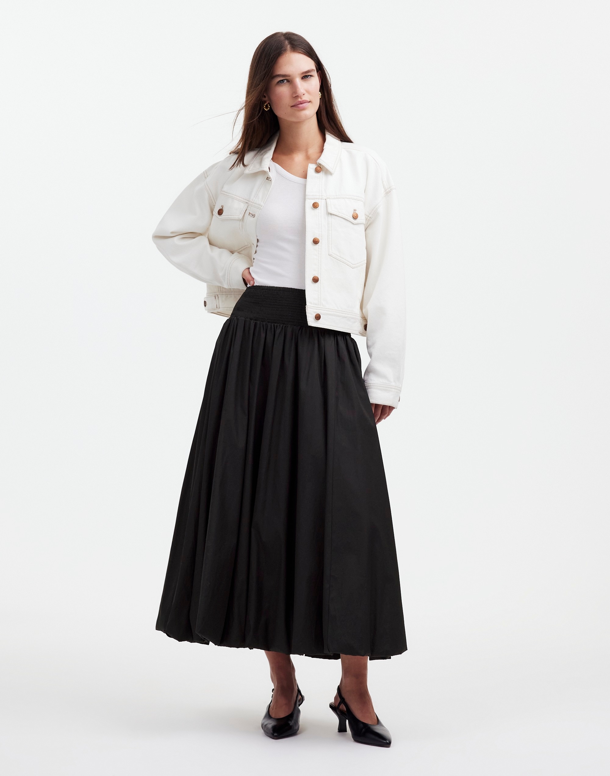 poplin smocked bubble midi skirt