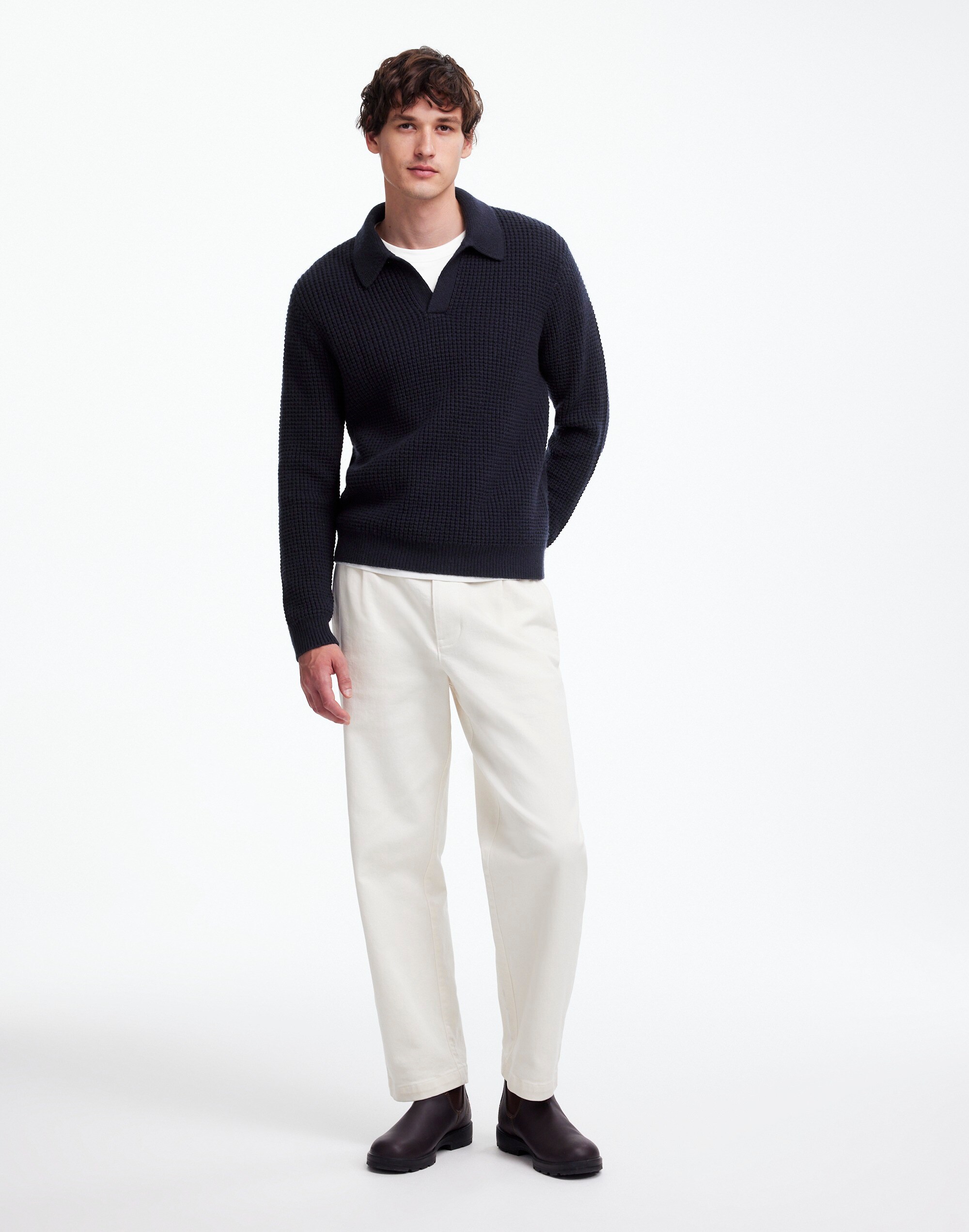 Johnny-Collar Sweater Polo Shirt in Waffle Knit