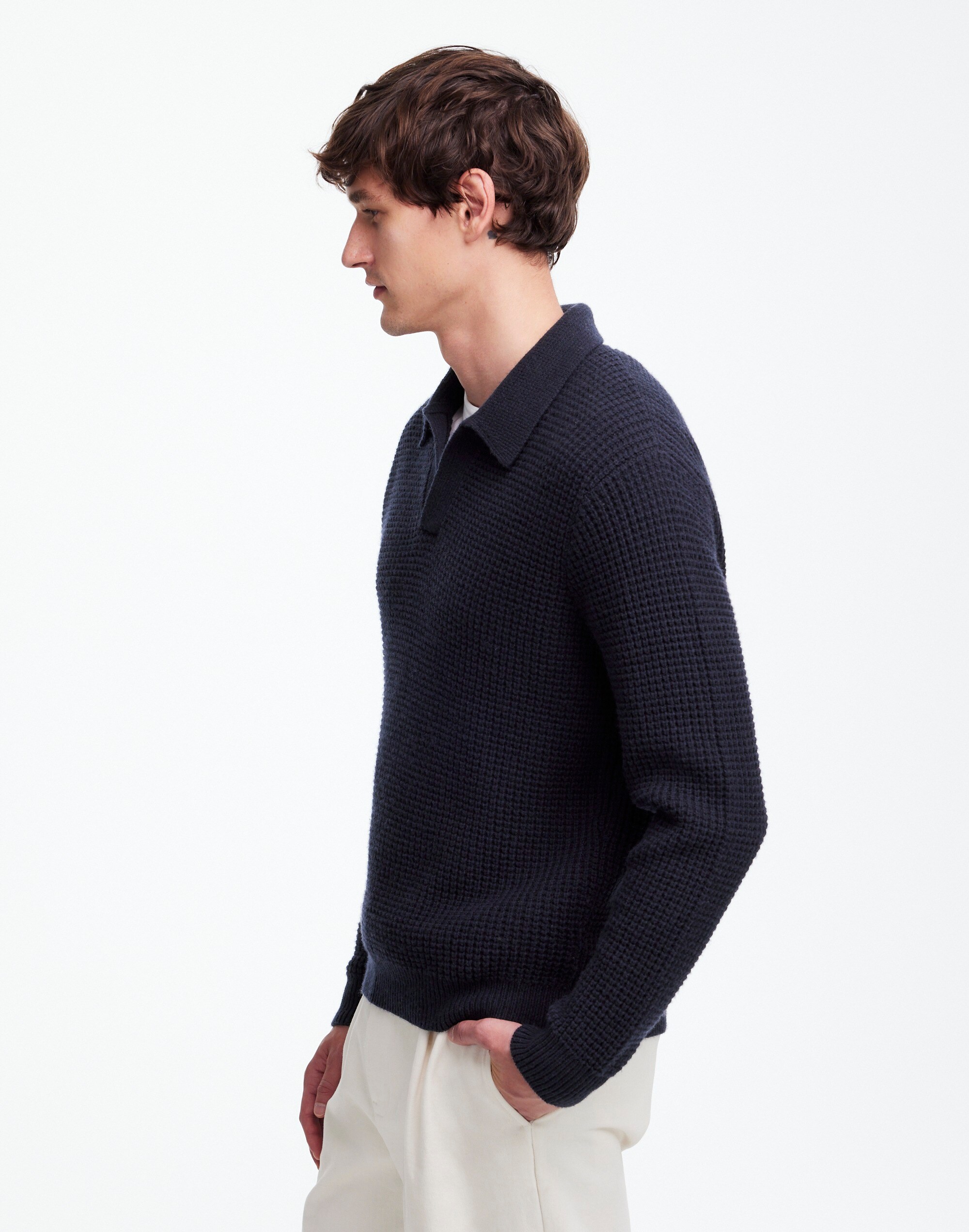 Johnny-Collar Sweater Polo Shirt in Waffle Knit