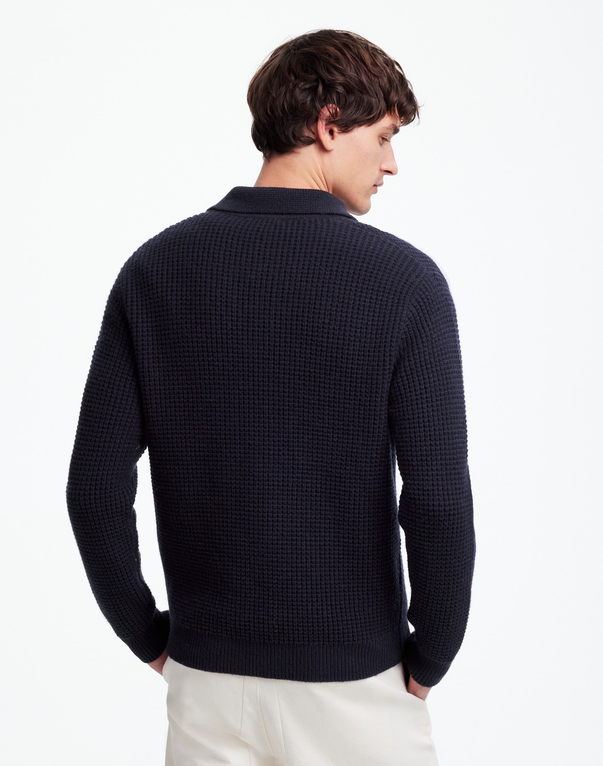 Johnny-Collar Sweater Polo Shirt in Waffle Knit
