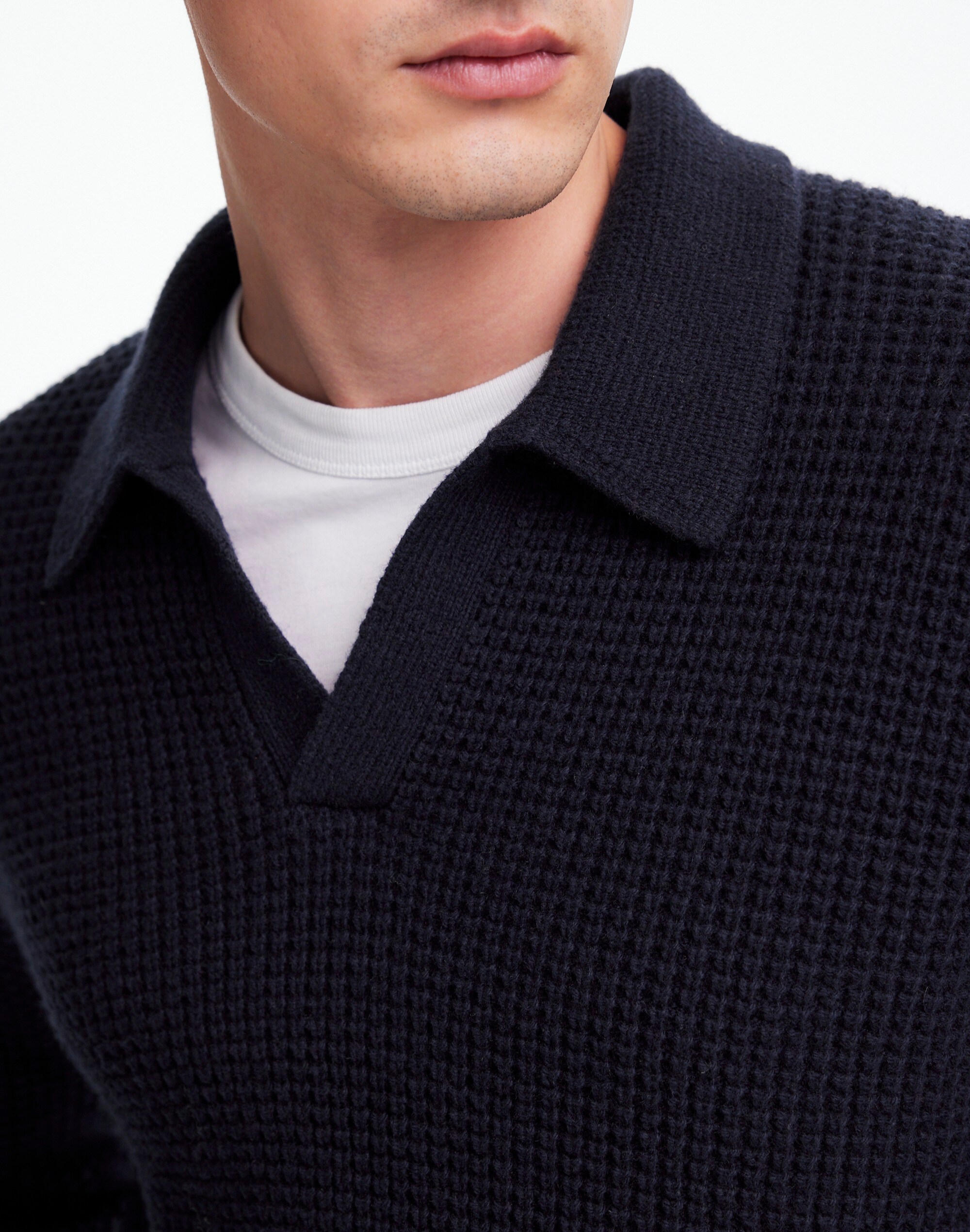 Johnny-Collar Sweater Polo Shirt in Waffle Knit