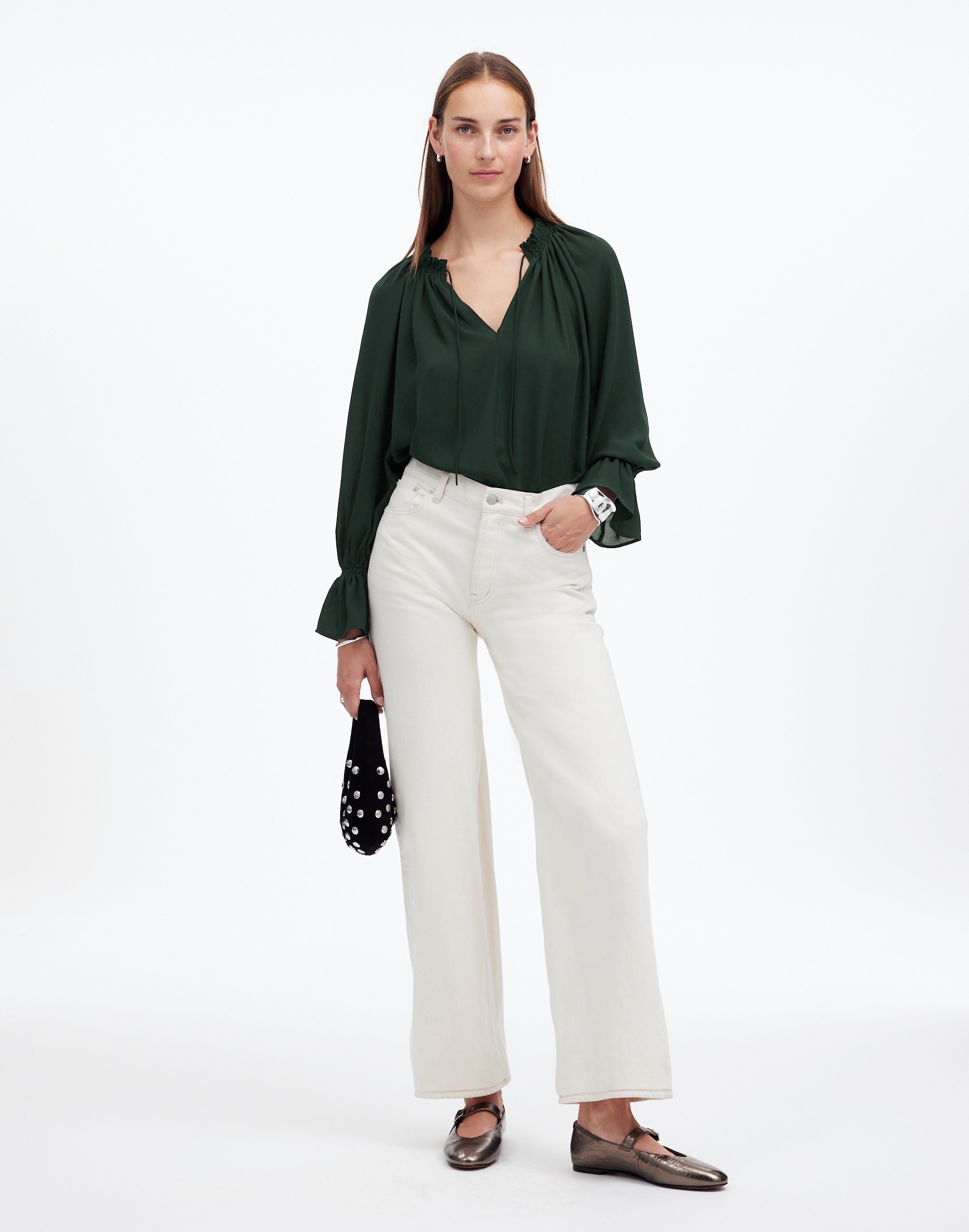 Long-Sleeve Tie-Neck Top