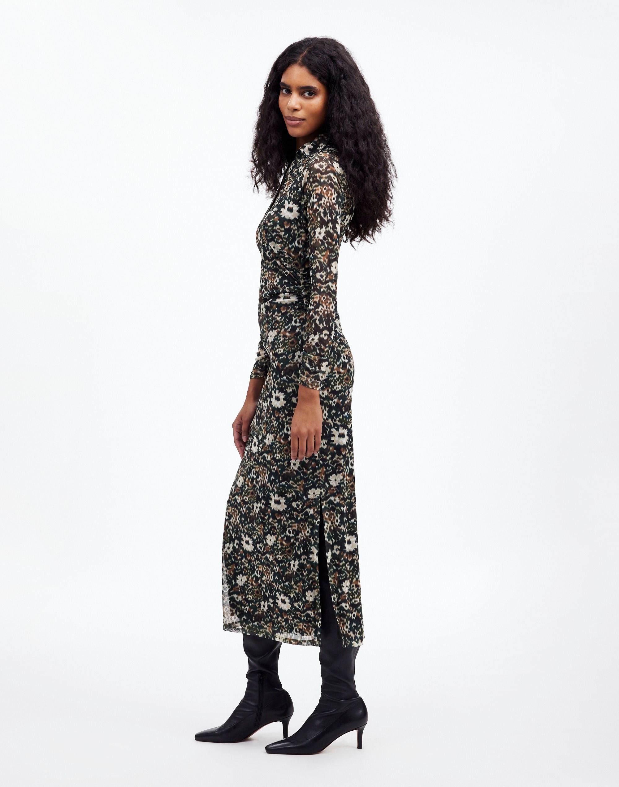 Long-Sleeve Polo Midi Dress in Floral
