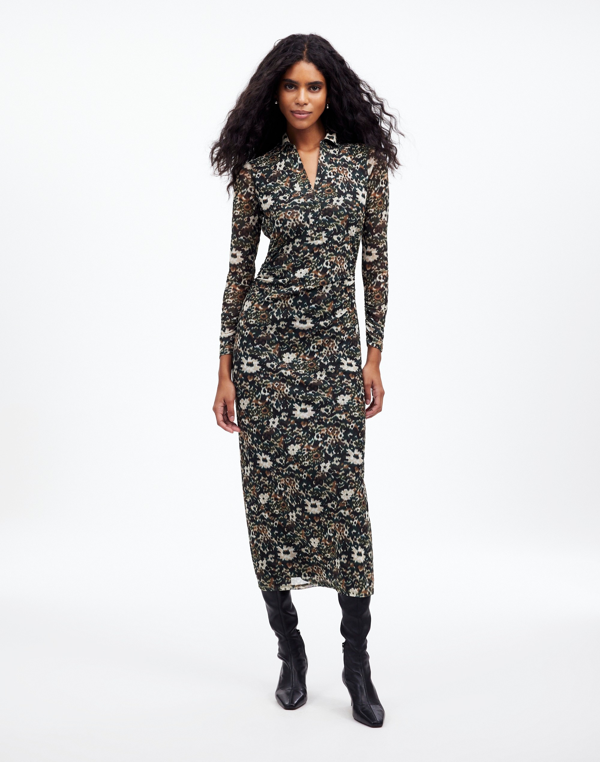 long-sleeve polo midi dress in floral