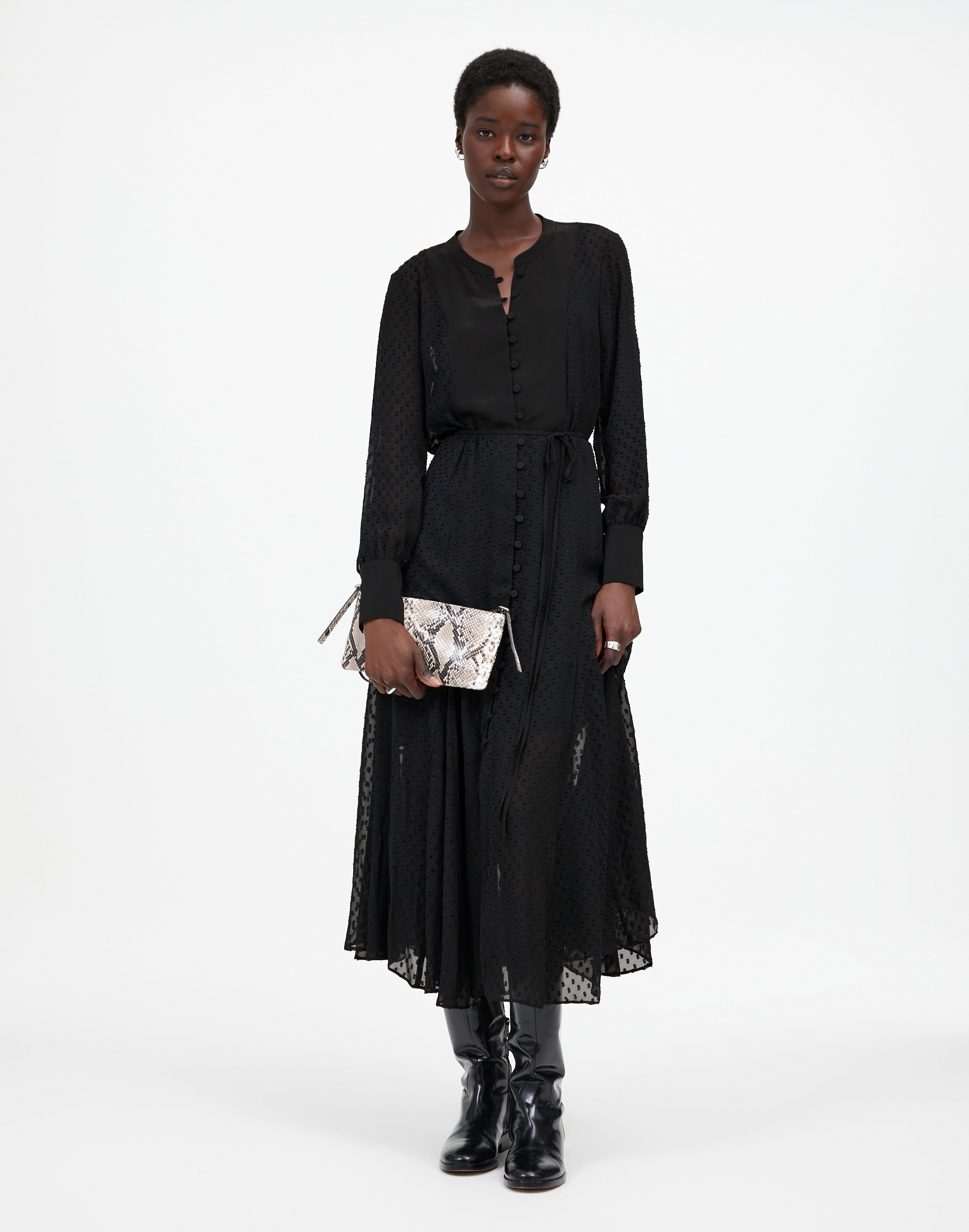 tie-waist midi dress in clip dot