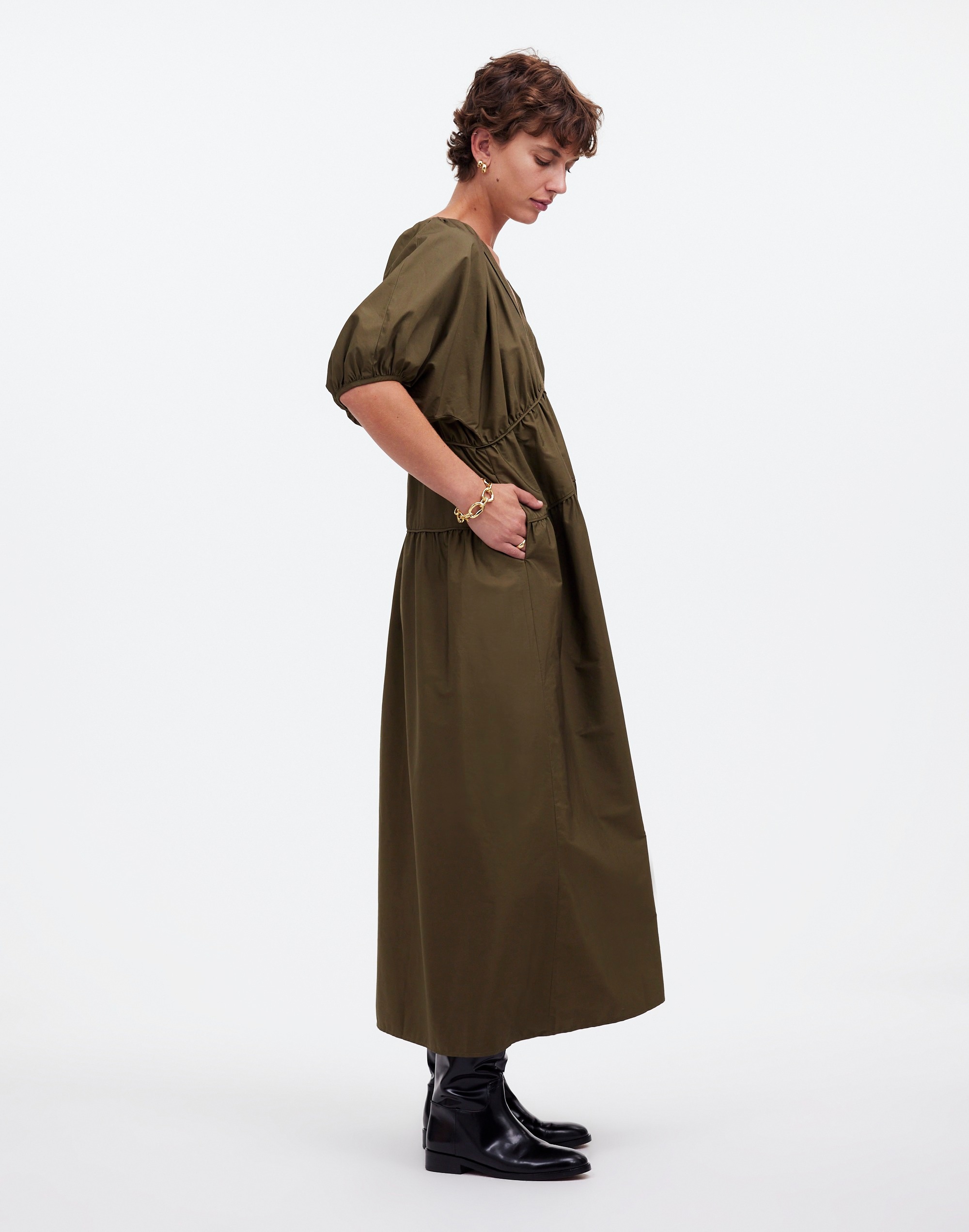 Puff-Sleeve Midi Dress in Poplin