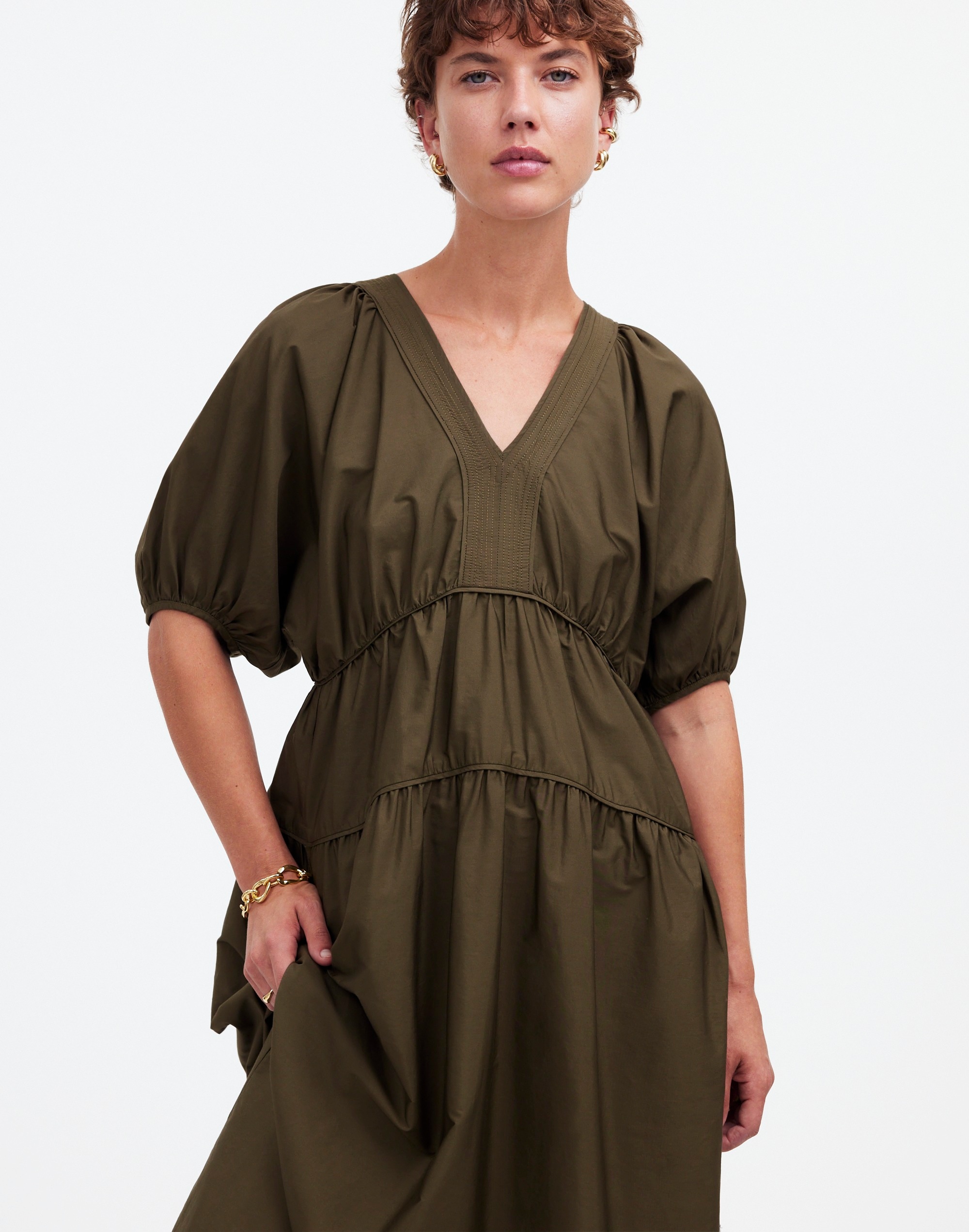 Puff-Sleeve Midi Dress in Poplin