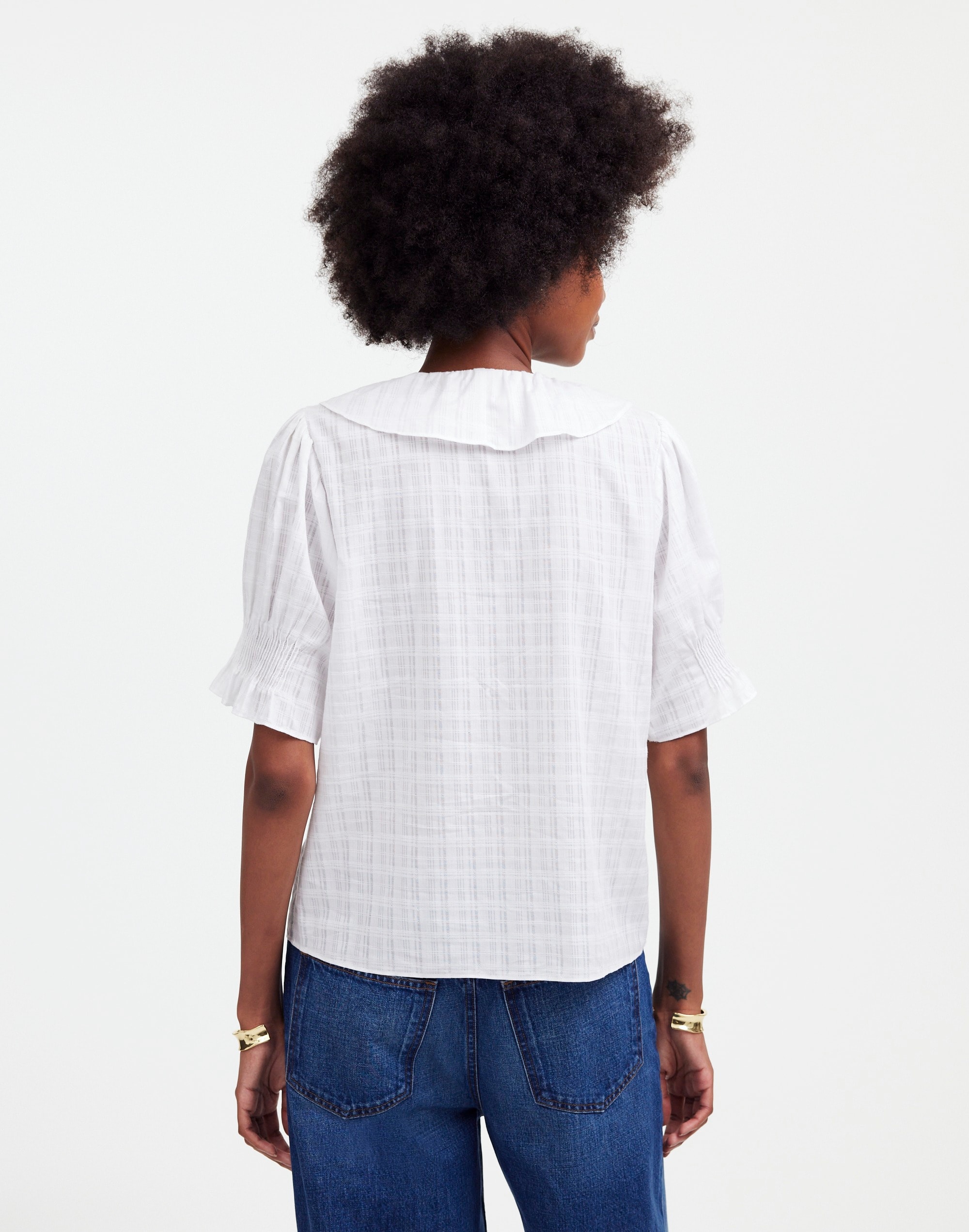 Ruffle Puff-Sleeve Peplum Top in Windowpane