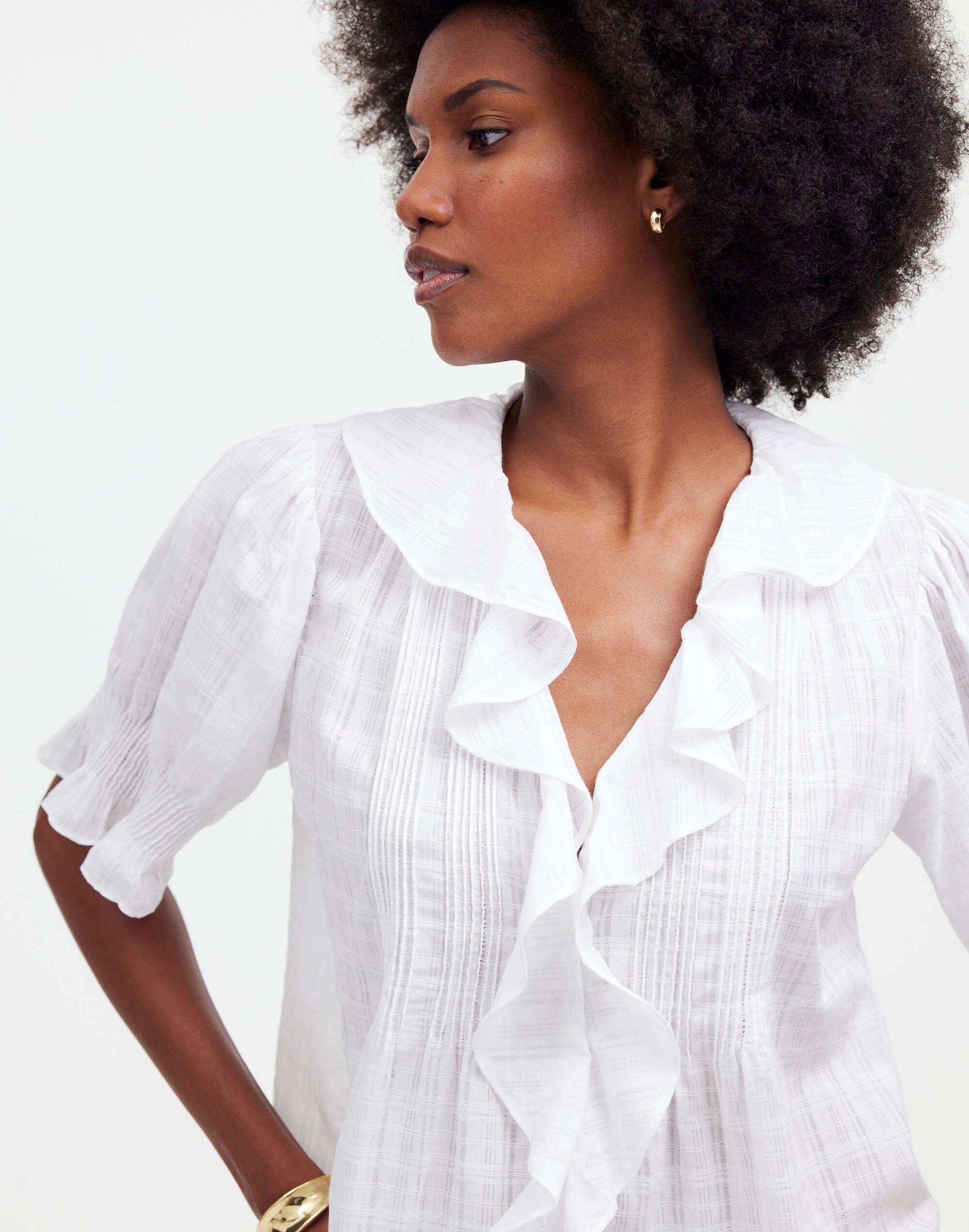 Ruffle Puff-Sleeve Peplum Top in Windowpane