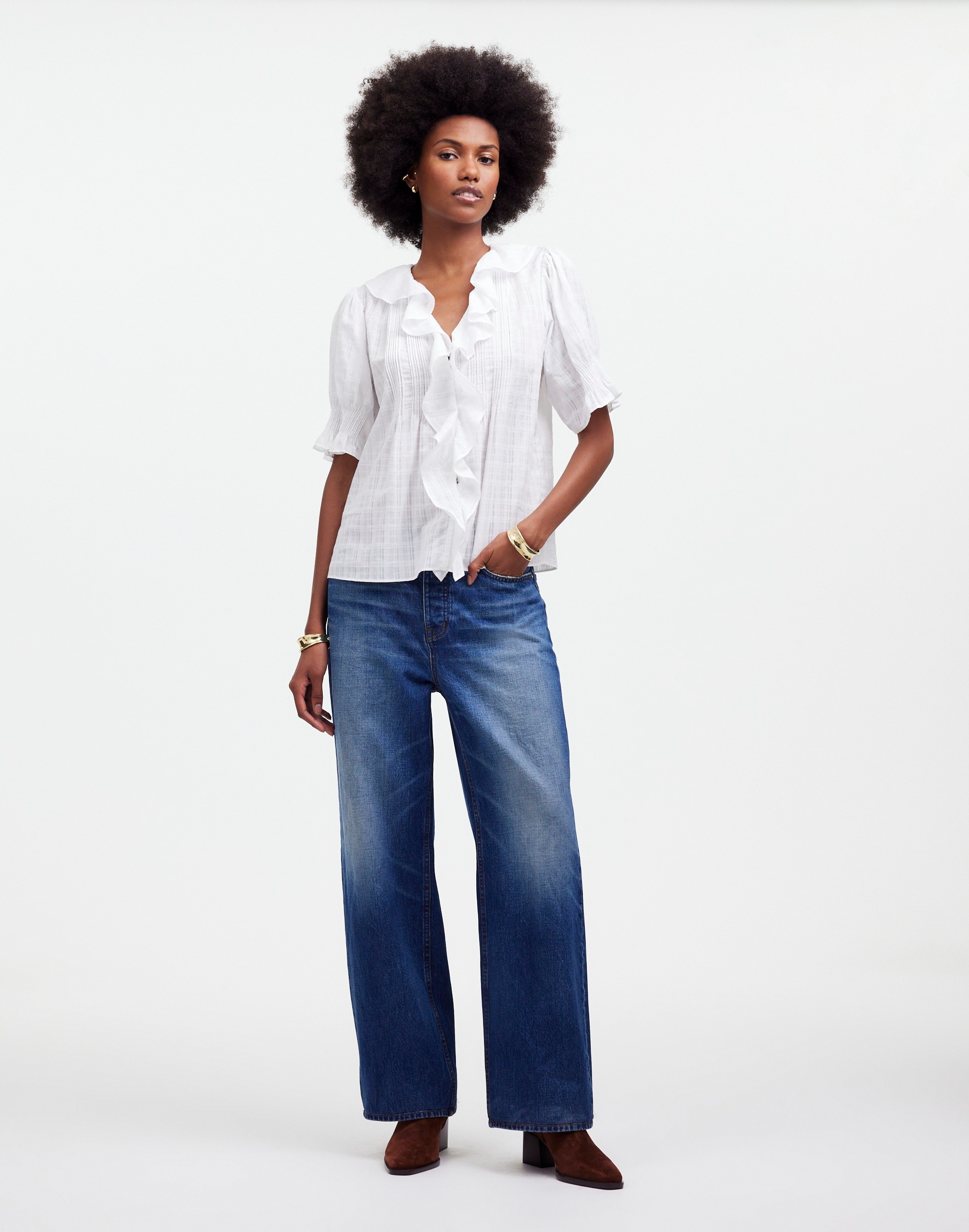 Ruffle Puff-Sleeve Peplum Top in Windowpane