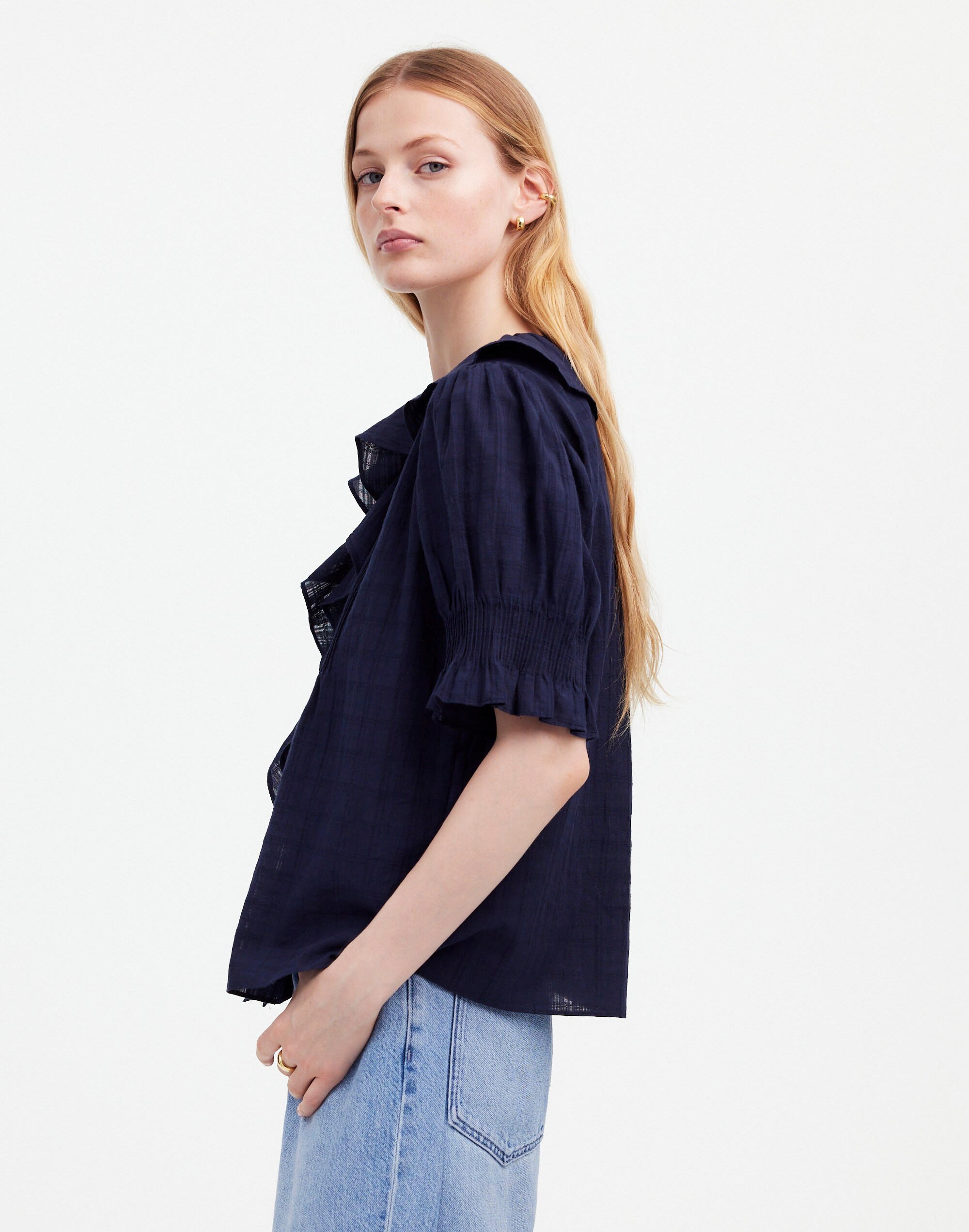 Ruffle Puff-Sleeve Peplum Top in Windowpane
