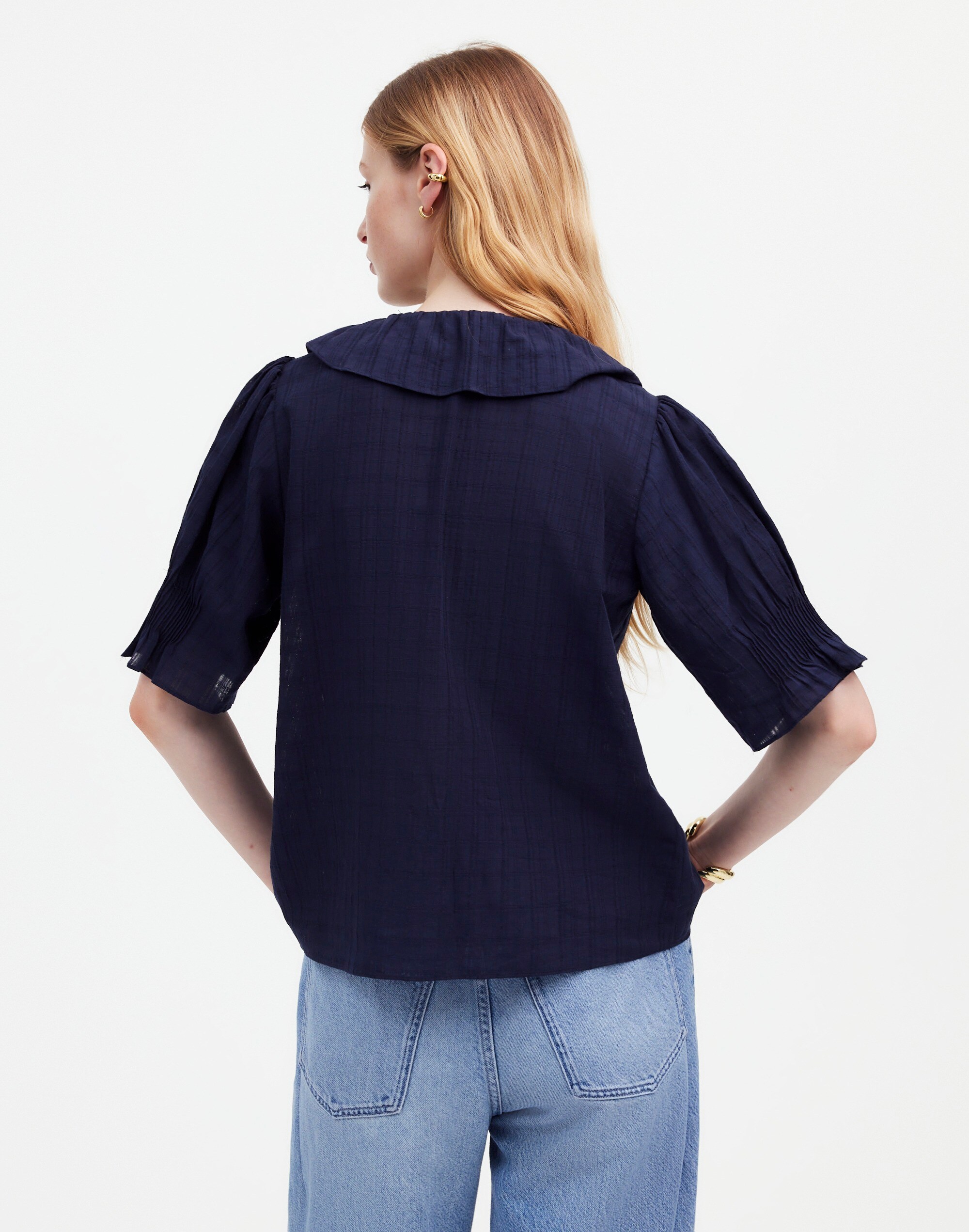 Ruffle Puff-Sleeve Peplum Top in Windowpane