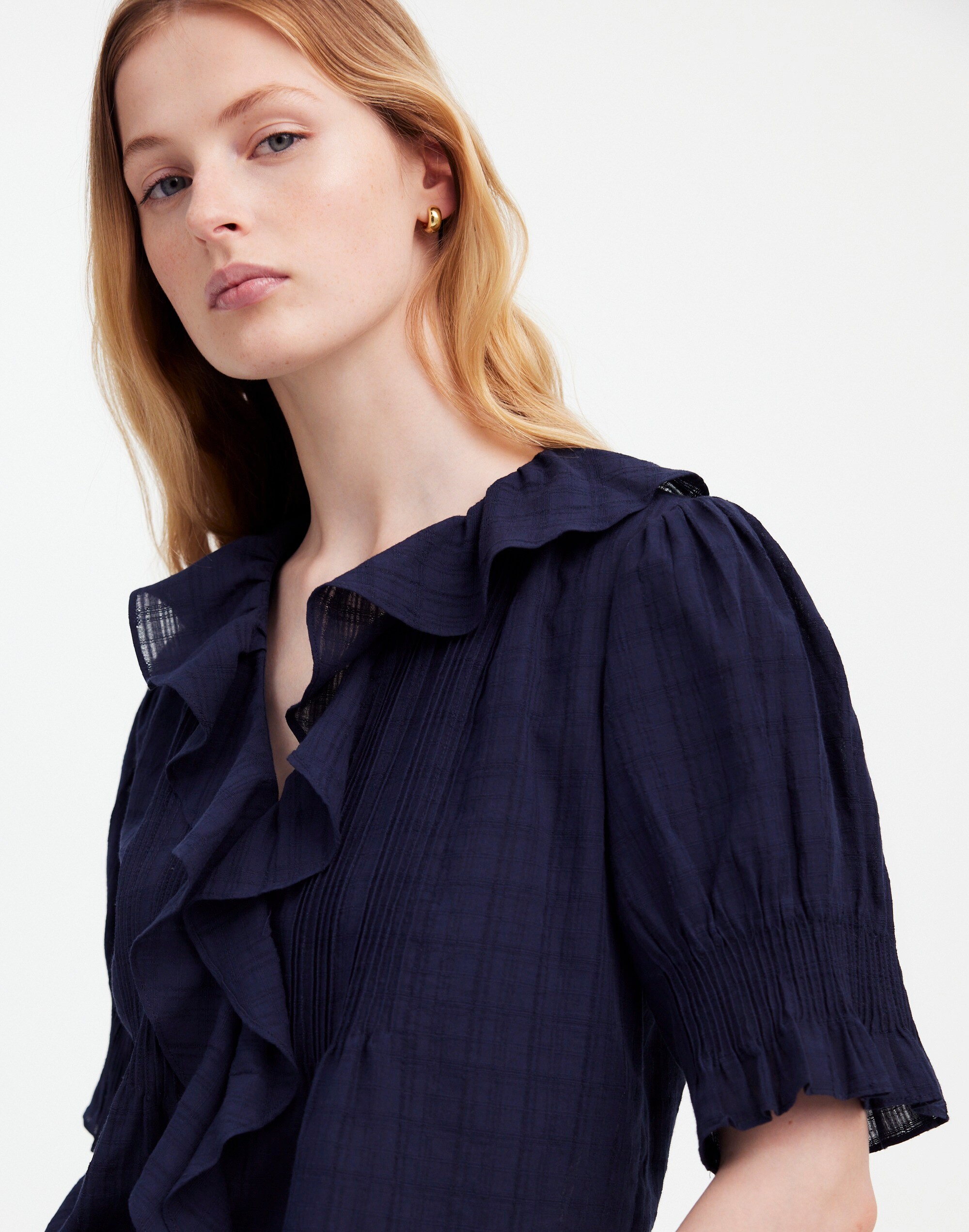Ruffle Puff-Sleeve Peplum Top in Windowpane