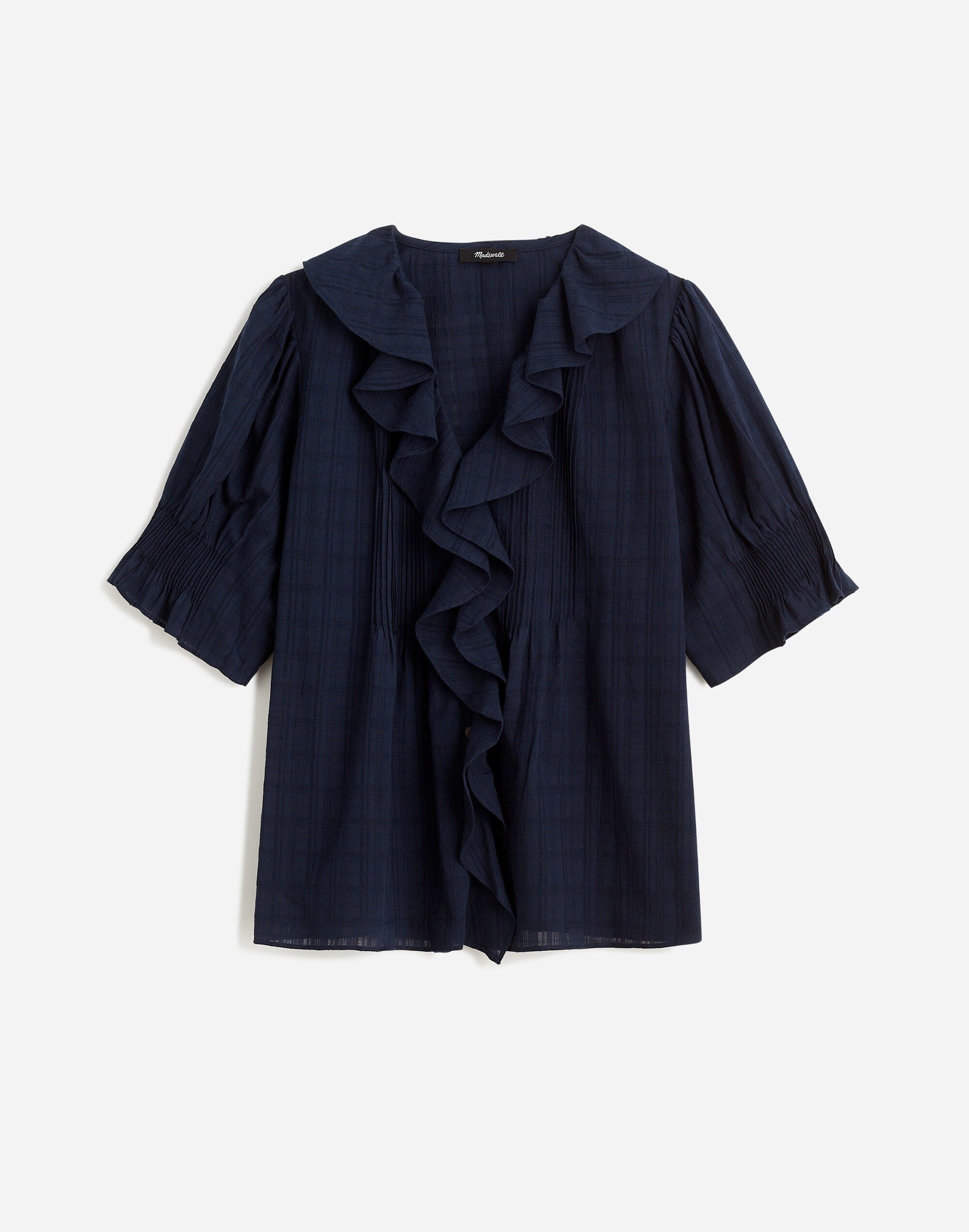 Ruffle Puff-Sleeve Peplum Top in Windowpane