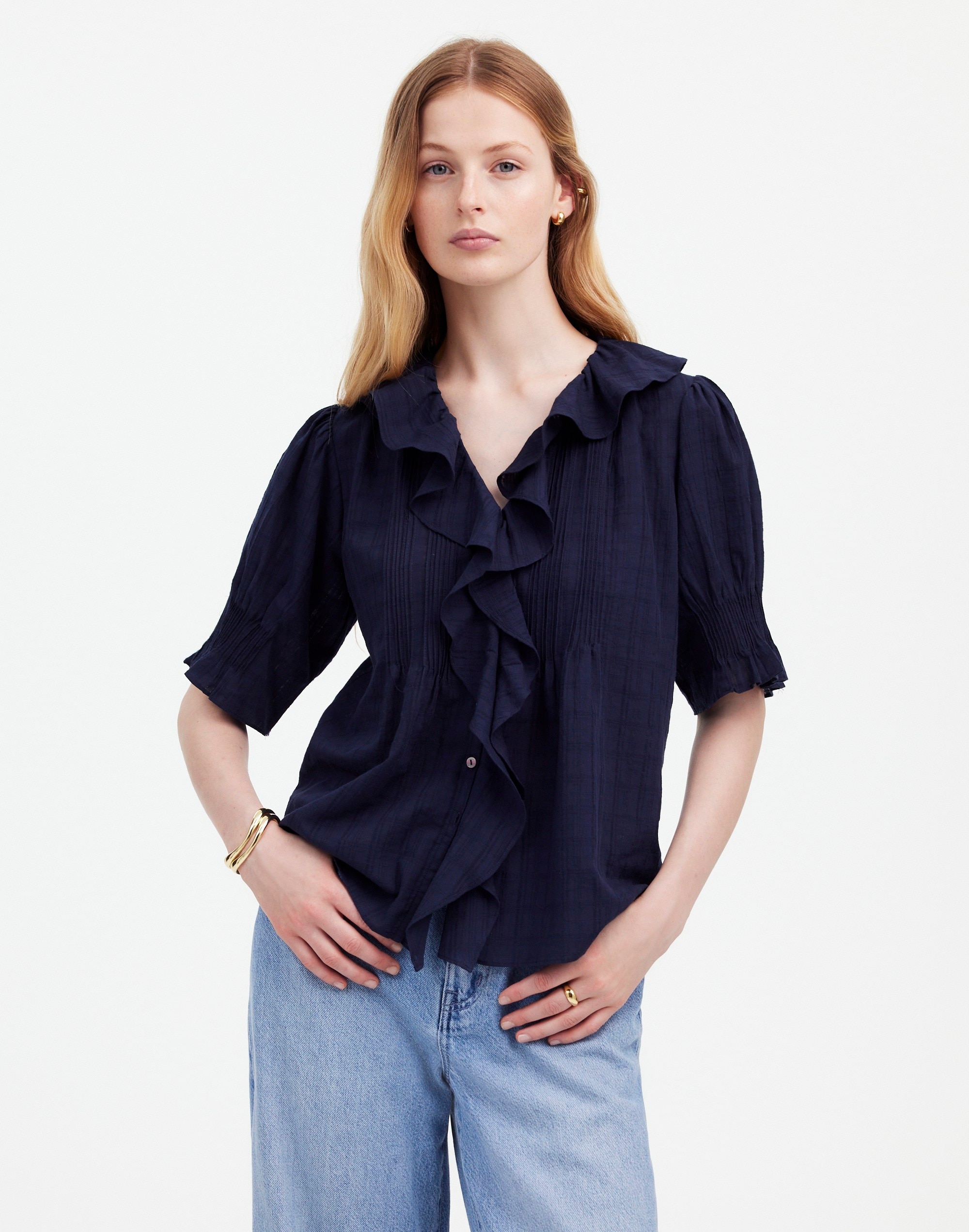 Ruffle Puff-Sleeve Peplum Top in Windowpane