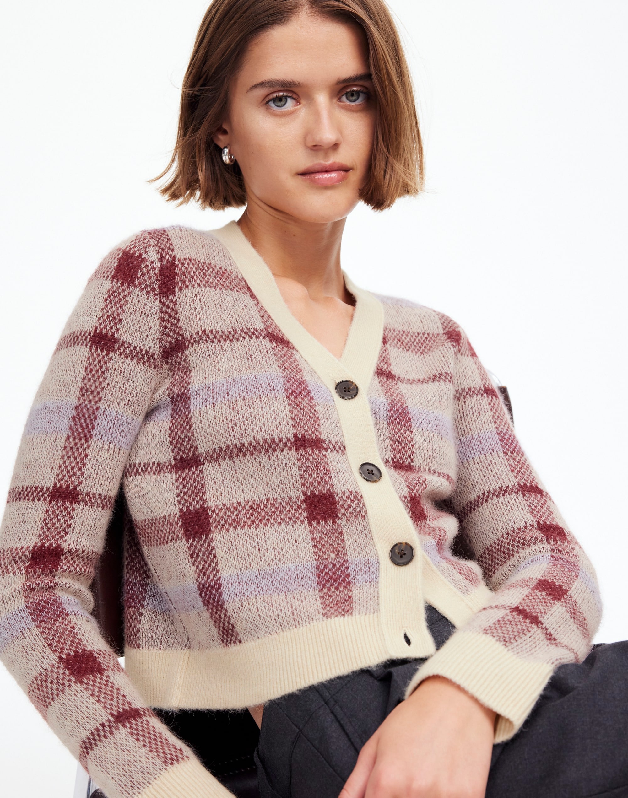 alpaca-blend v-neck cardigan in plaid