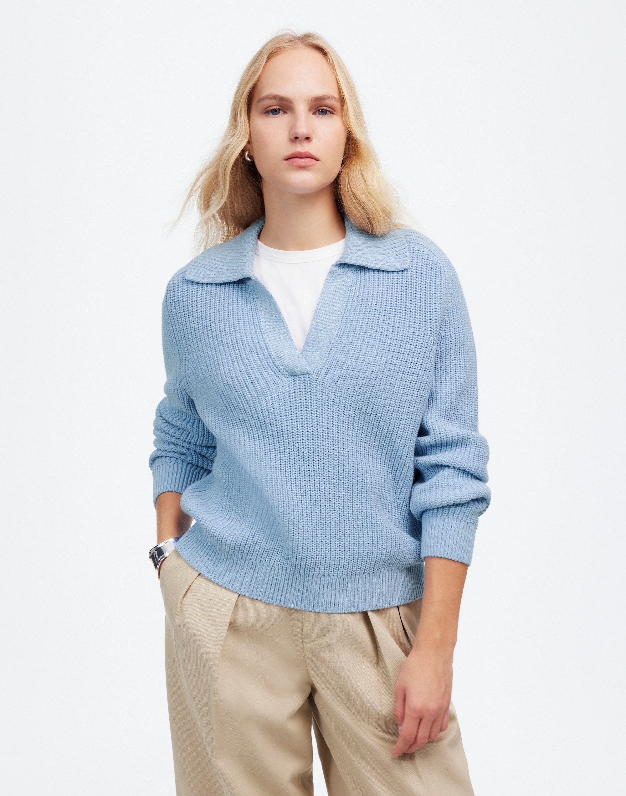 shaker-stitch johnny collar sweater