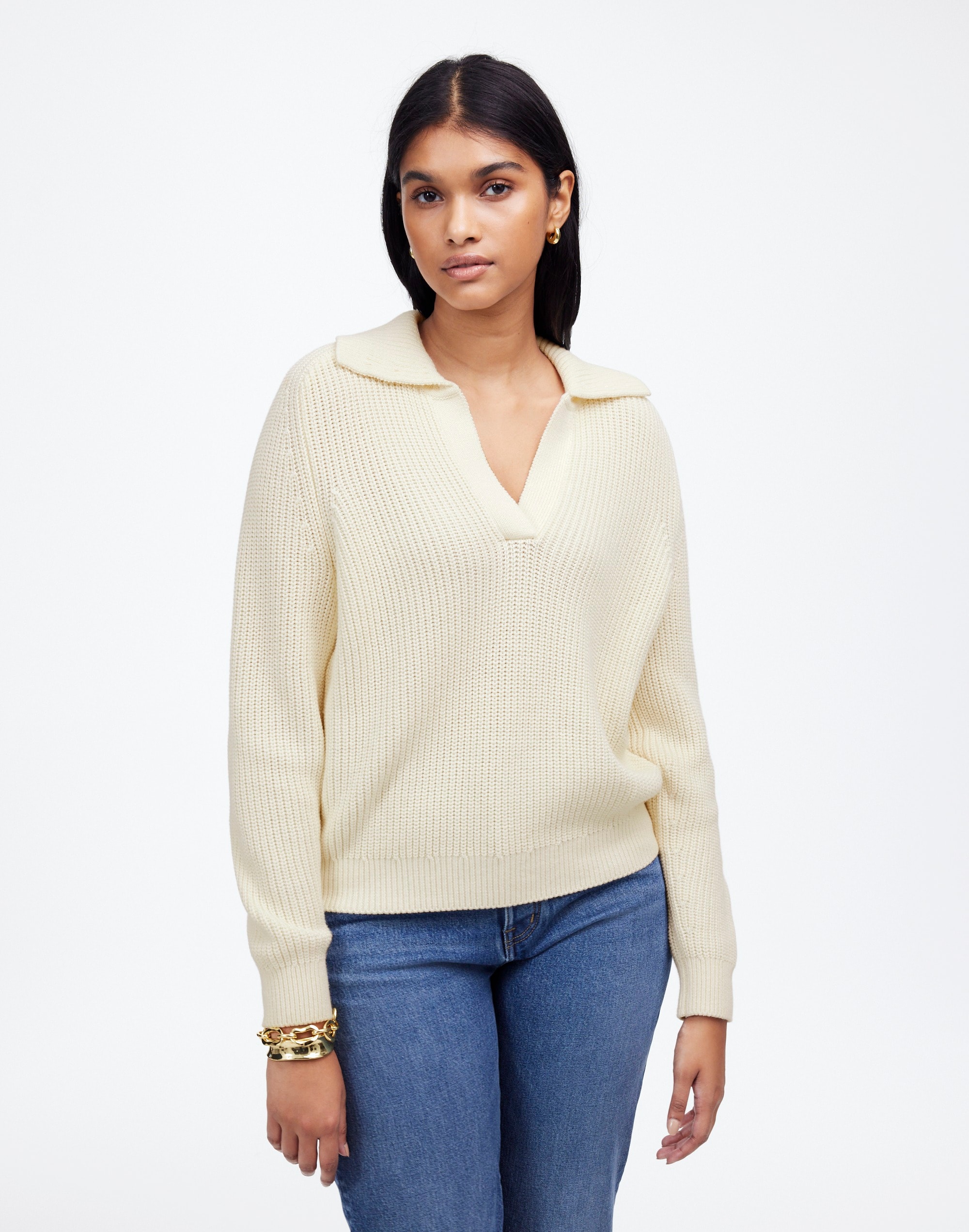 Shaker-Stitch Johnny Collar Sweater