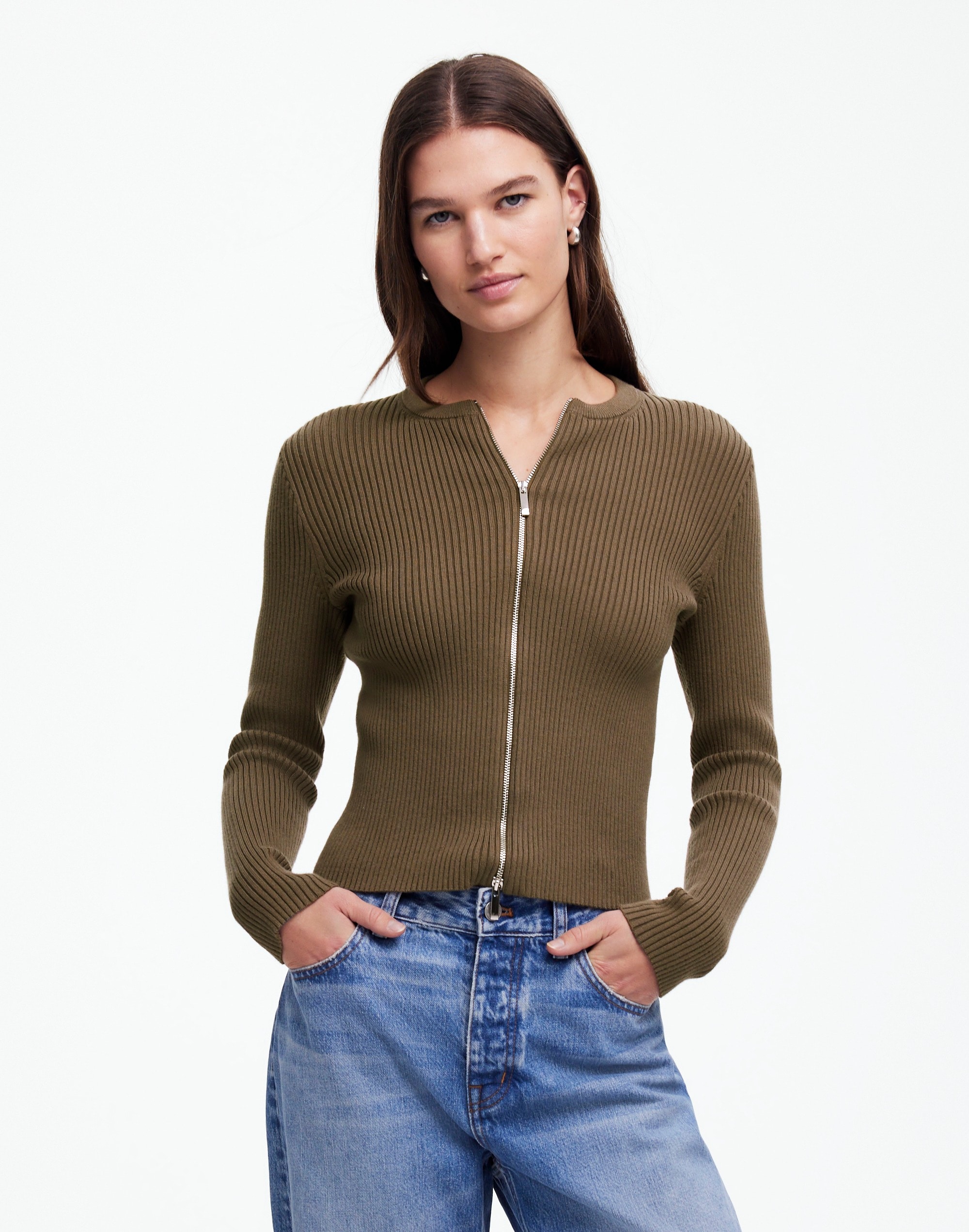 zip-front ribbed cardigan