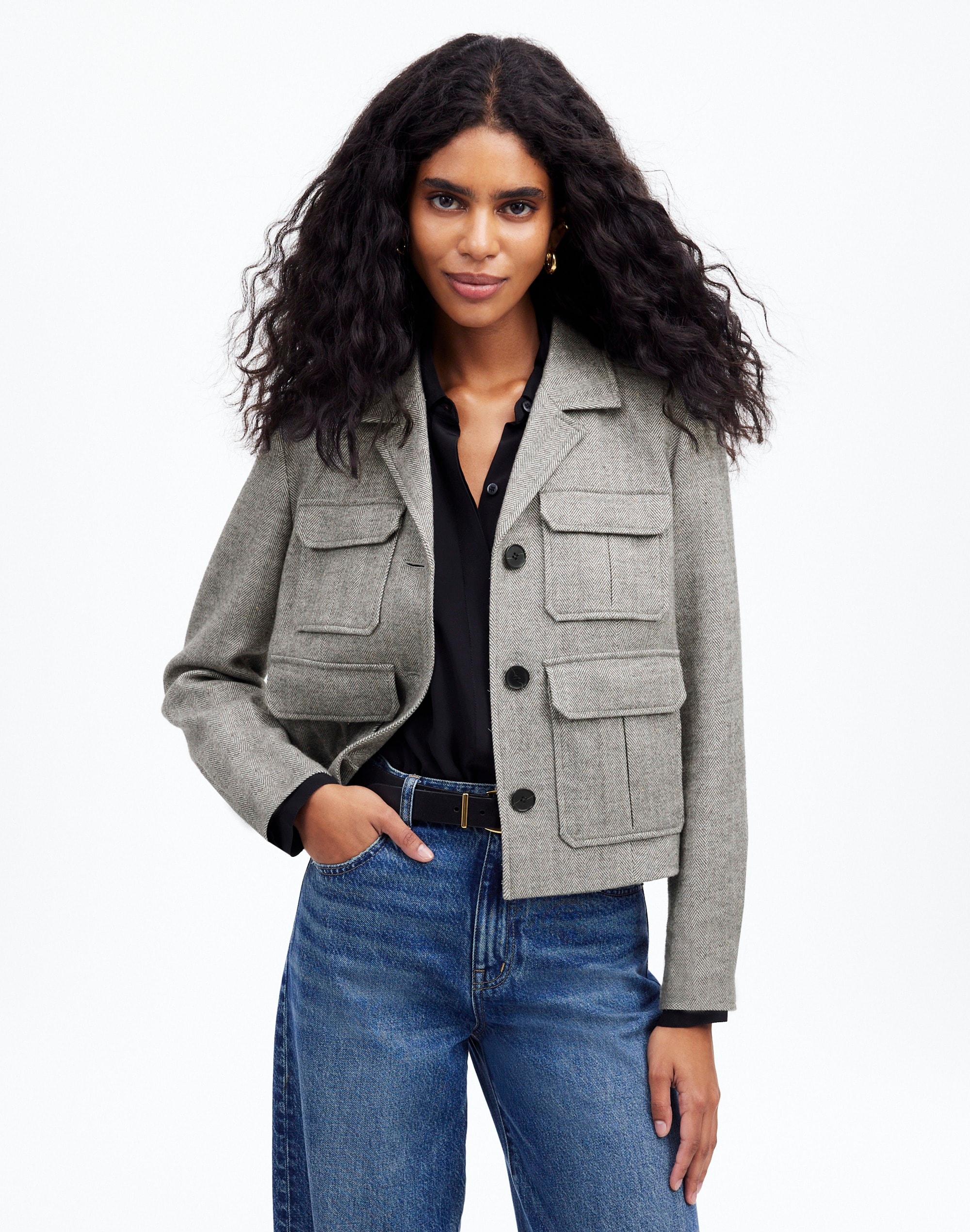 flap-pocket field jacket in herringbone