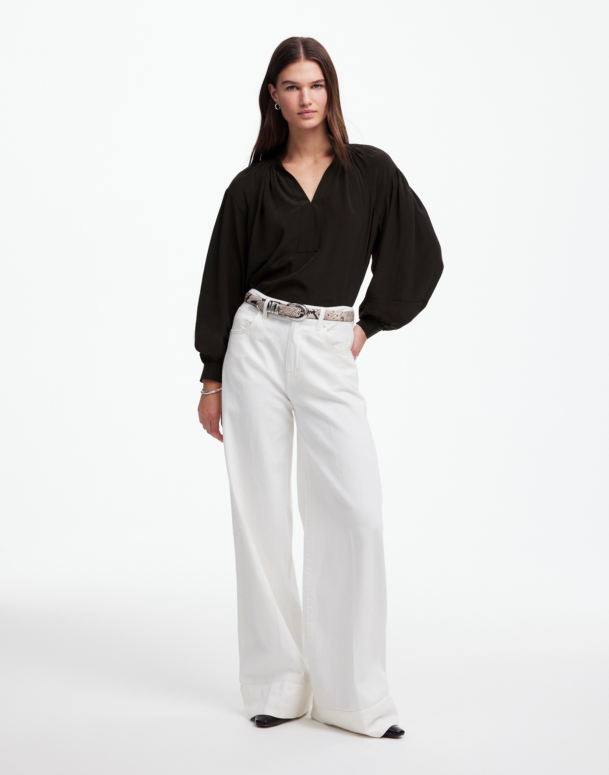 Shirred Long-Sleeve Top in Silk