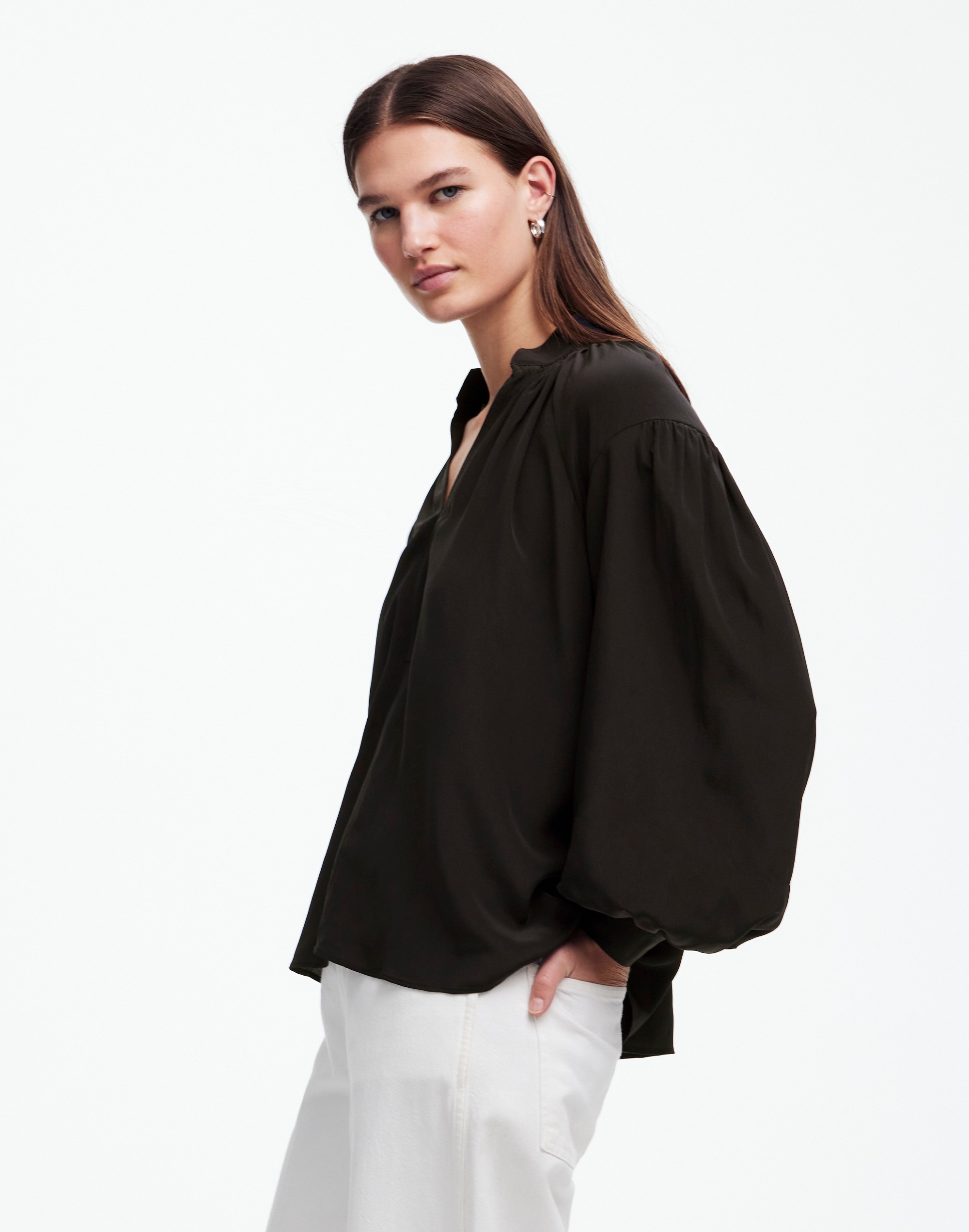 Shirred Long-Sleeve Top in Silk
