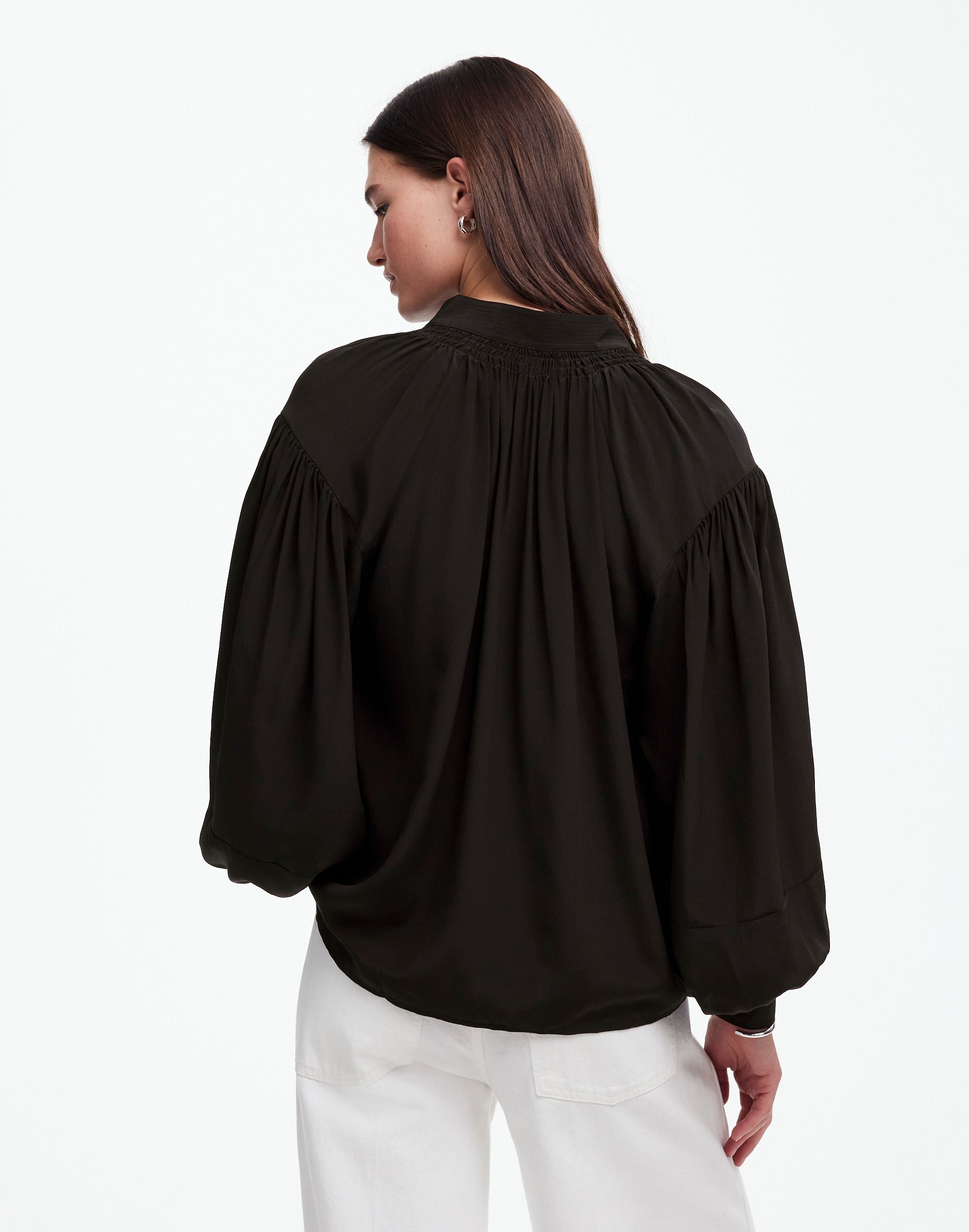 Shirred Long-Sleeve Top in Silk