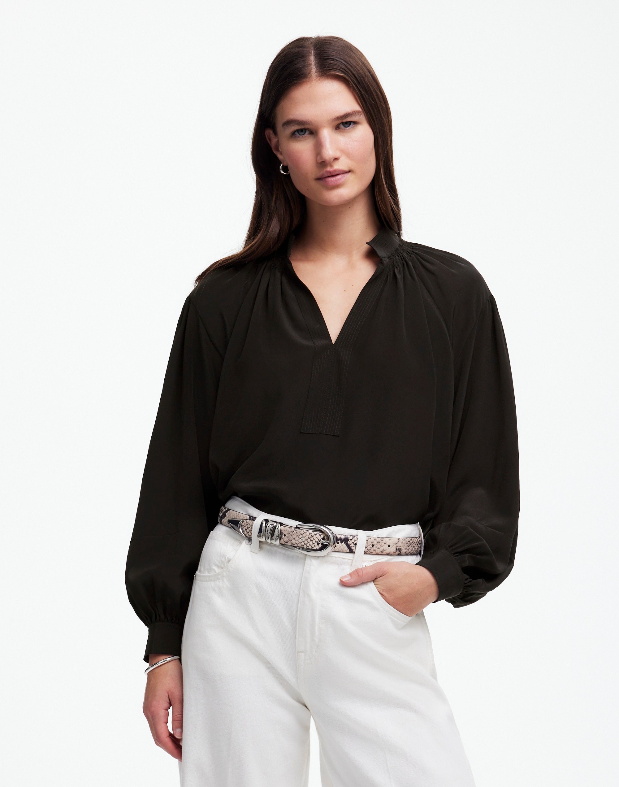shirred long-sleeve top in silk