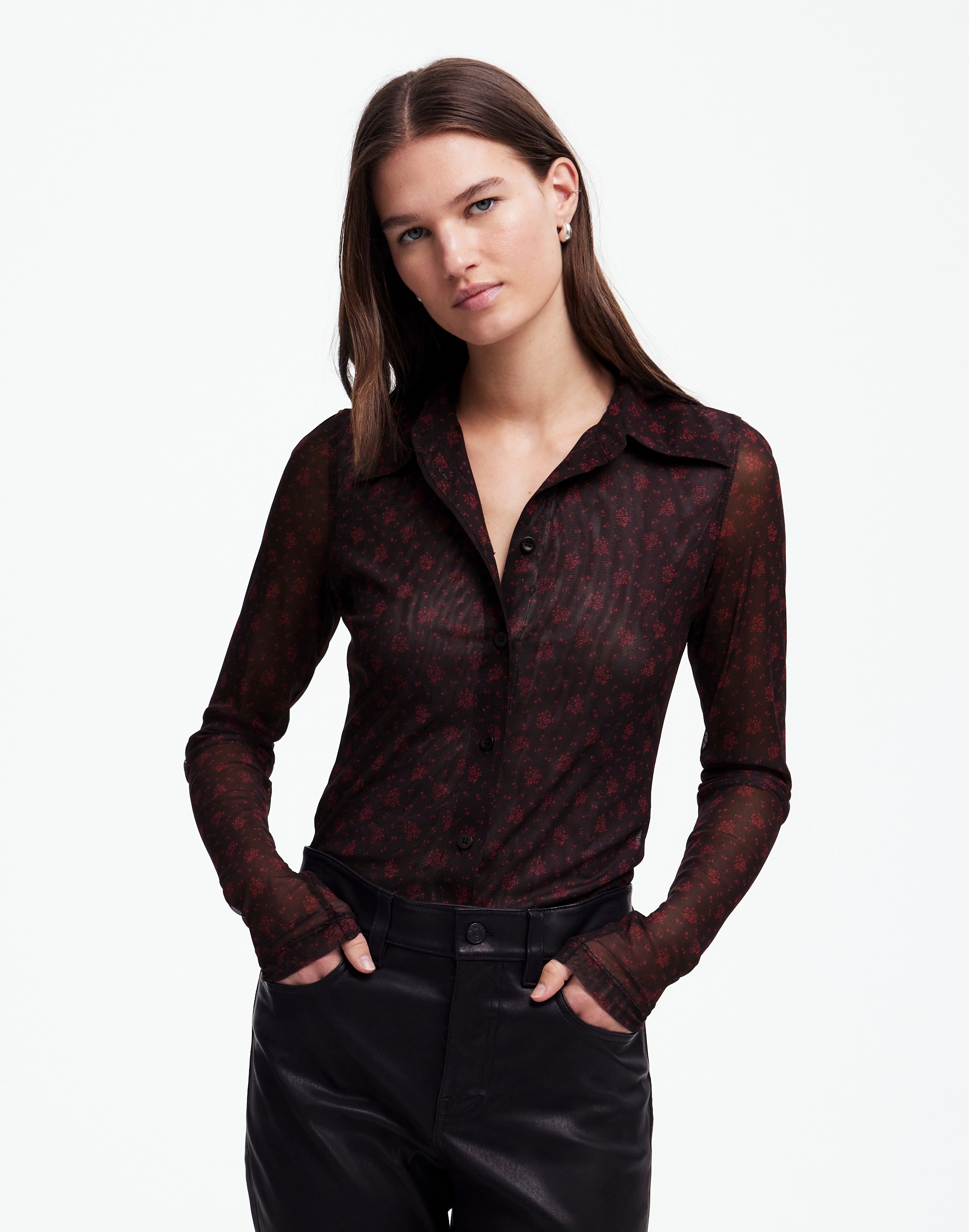 long-sleeve button-front top in floral mesh