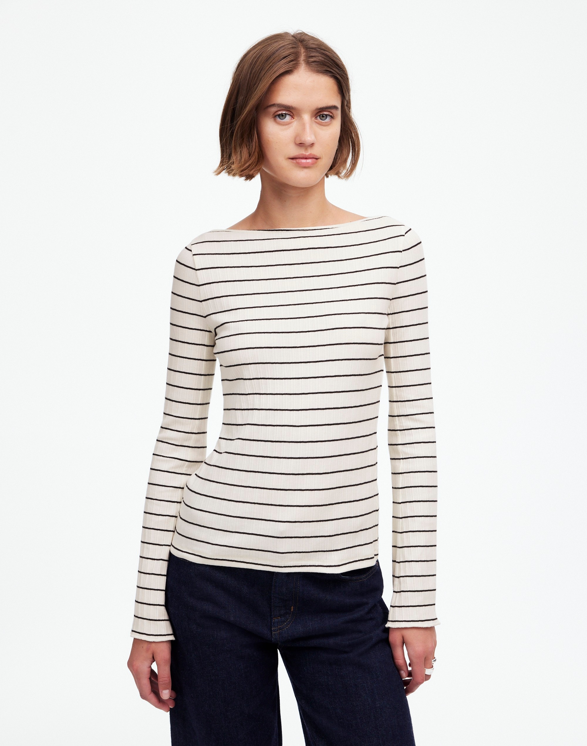 Ribbed Long-Sleeve Boatneck Top in Stripe
