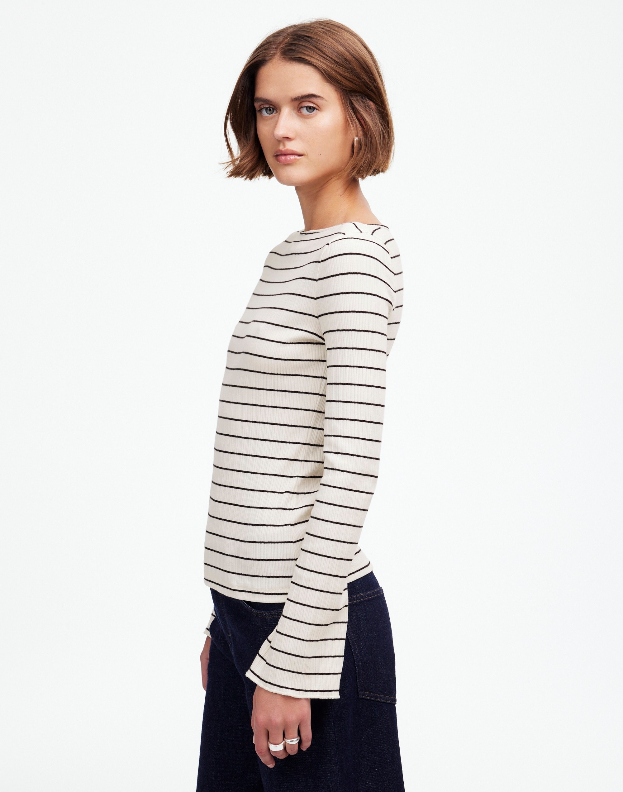 Ribbed Long-Sleeve Boatneck Top in Stripe