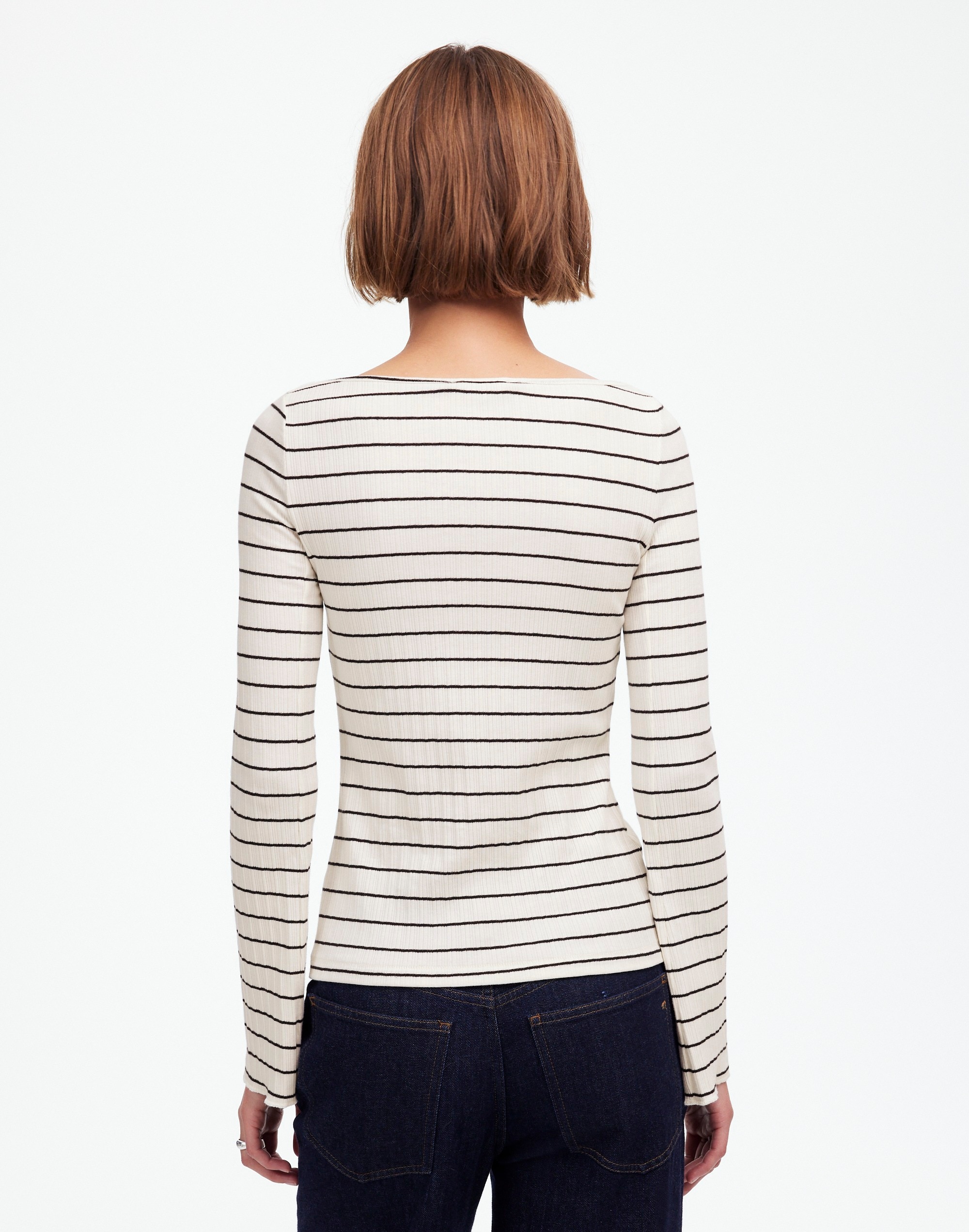 Ribbed Long-Sleeve Boatneck Top in Stripe
